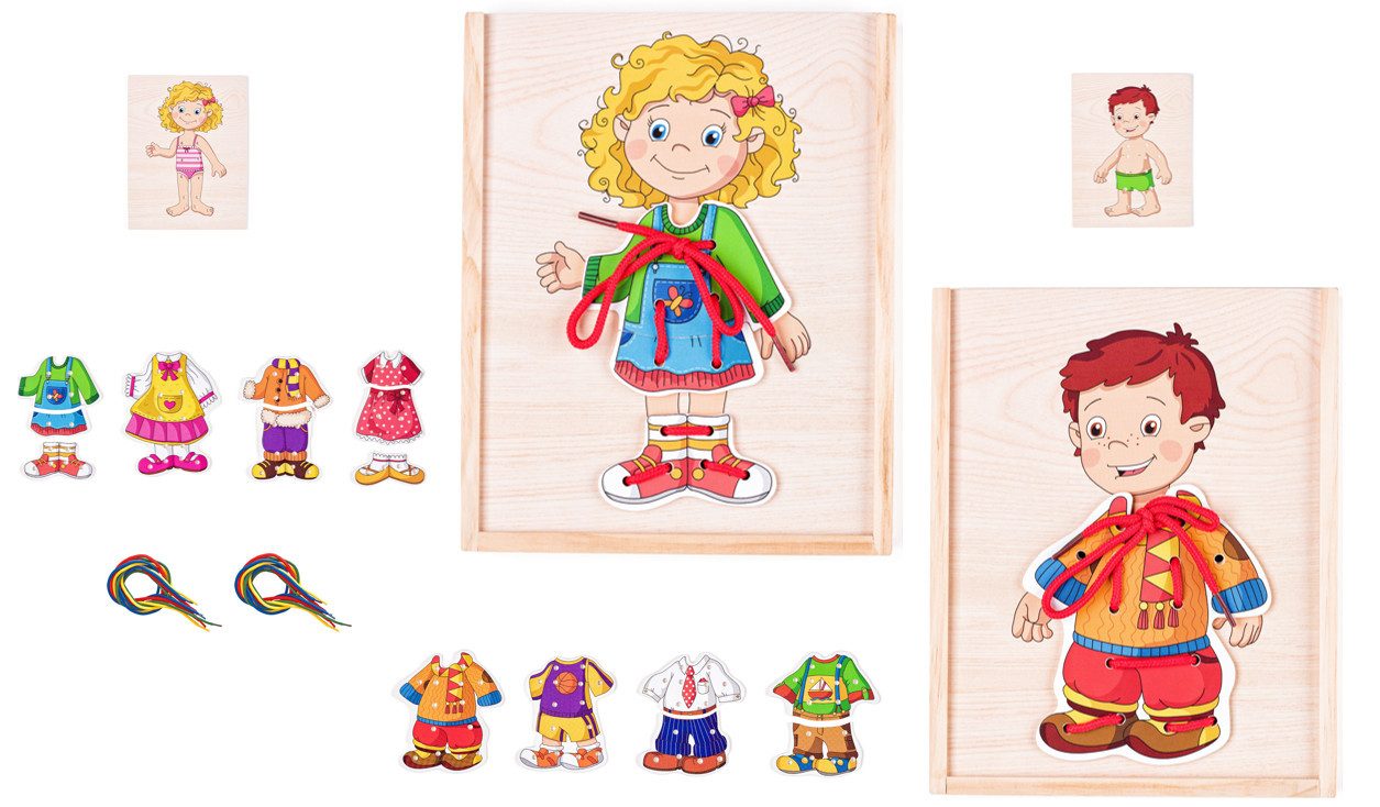 Woodyland Lernspielzeug 2er Set Holzspielzeug Fädelspiel / Anziehspiel Mädchen und Junge (23-St), 2er Geschicklichkeitsset