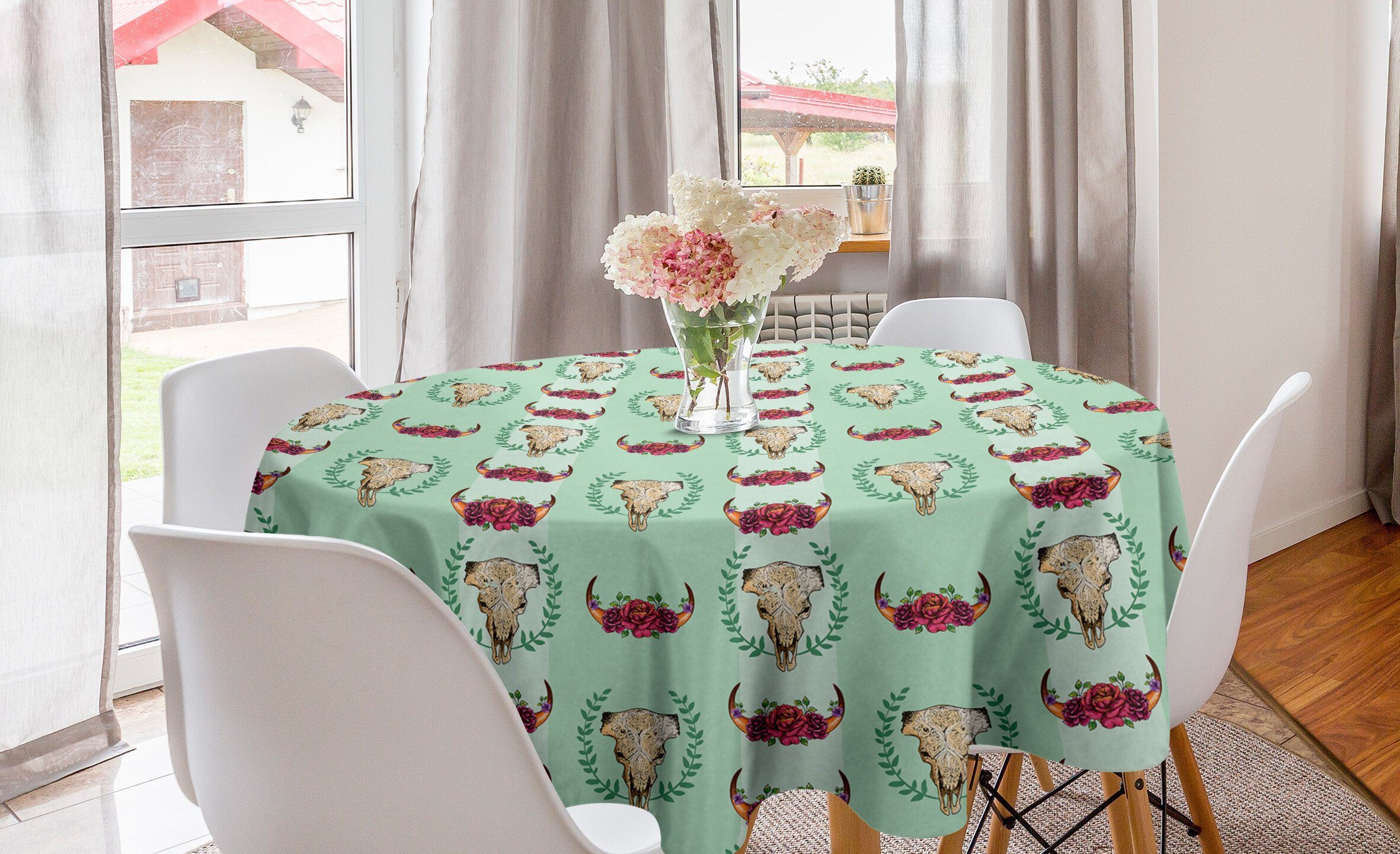 Abakuhaus Tischdecke Kreis Tischdecke Abdeckung für Esszimmer Küche Dekoration, Büffel Funky Floral Bison Artwork