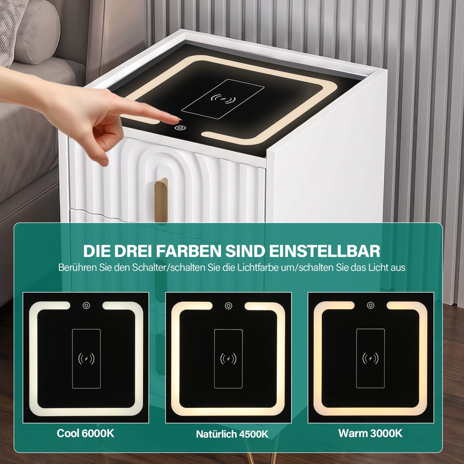oyajia Nachttisch Nachttisch mit LED-Beleuchtung, Beistelltisch mit 15W Kabelloses Laden (Nachttisch mit USB + Type-C, Beistelltisch, 2/ 3 Schubladen, modern), für modernes Schlafzimmerdesign