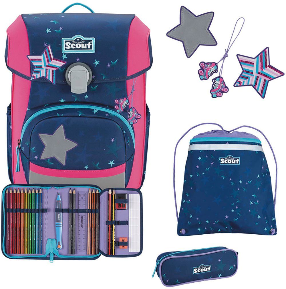 Scout Schulranzen Neo, Pretty Star (Set, 4-tlg), 2 Funny Snaps Move; enthält recyceltes Material