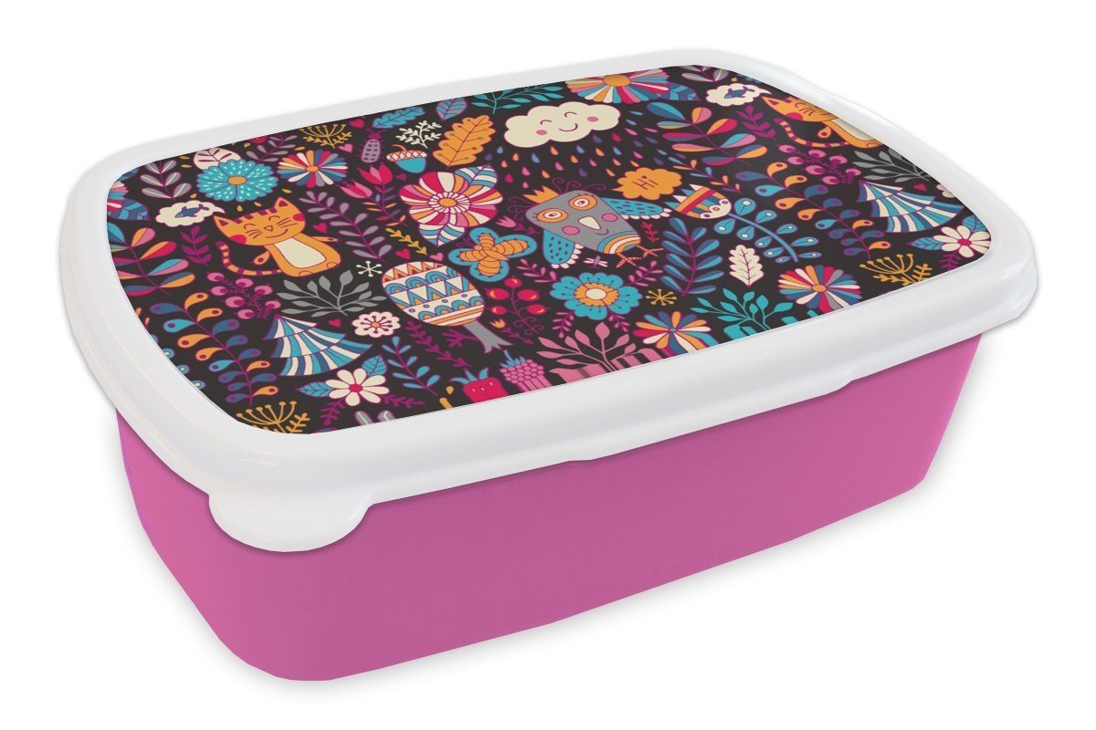 Snackbox, Erwachsene, Kinder, (2-tlg), Eule Lunchbox für Muster Kunststoff - Mädchen, rosa MuchoWow Brotbox Brotdose - Kunststoff, - Katze Blumen,