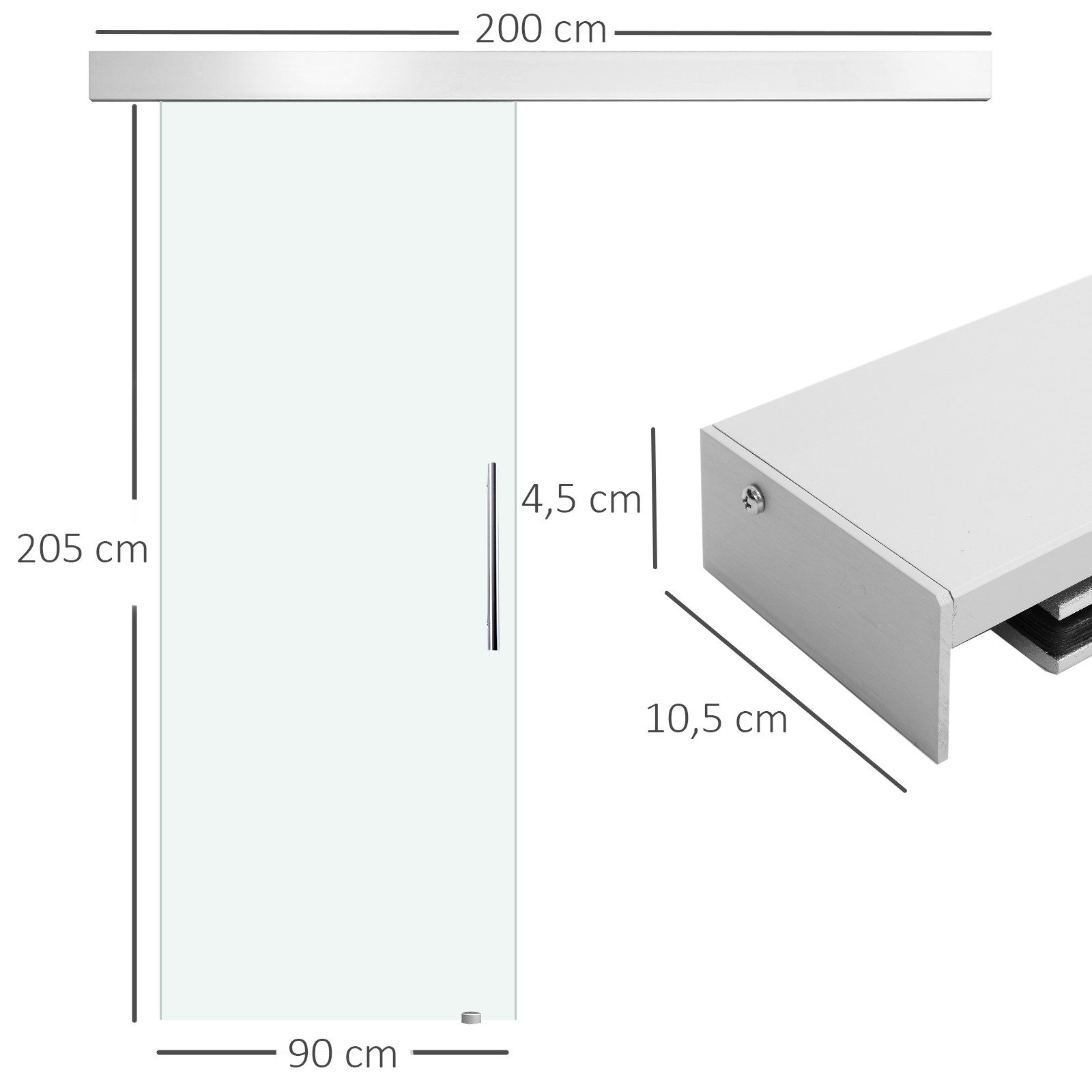 HOMCOM Schiebetür Komplettset Zimmertür Wandmontage mit Laufschiene, Trennwände (einseitig, 1-St., satiniert), einseitig satiniert 90 x 205 cm