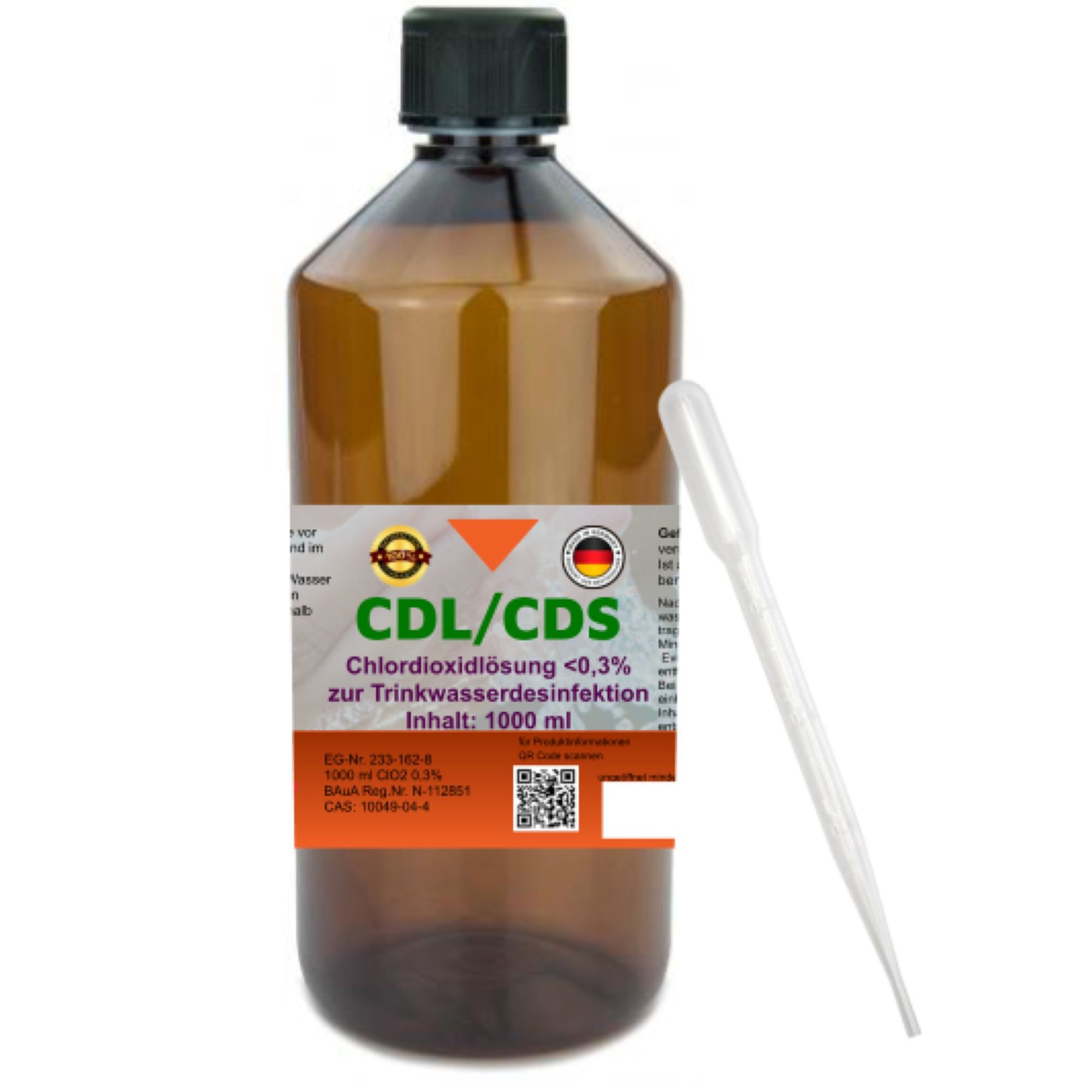 Black Baroness Ltd. CDL 0,3% CDS 1ltr Chlordioxid Fertiglösung HDPE Laborflasche Pipette Oberflächen-Desinfektionsmittel (1-St. CDL/CDS in Braunglasflasche mit Pipette CDL CDS 1 Liter ml)