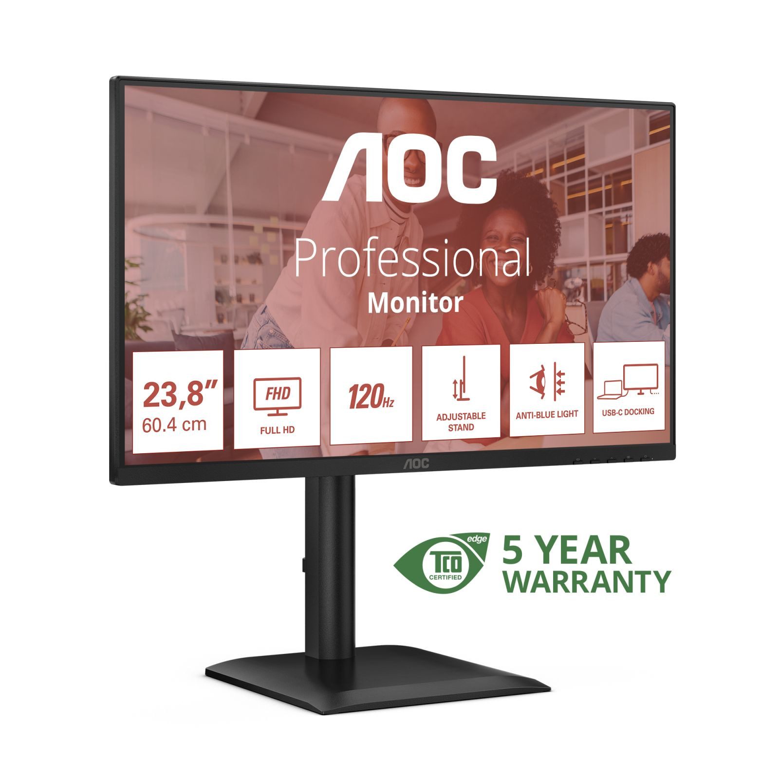 AOC 60,5cm (23,8) 24E4CV 16:09 HDMI+DP+USB-C Lift black TFT-Monitor (1920 x 1080 px, Full HD, 4 ms Reaktionszeit, 120 Hz, IPS, Lautsprecher, HDCP, Kopfhörerbuchse, Pivot, Höhenverstellbar)