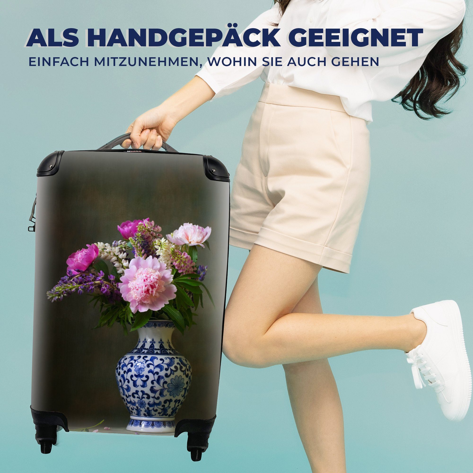 MuchoWow Handgepäckkoffer Stilleben - Pfingstrosen Trolley, - für Reisekoffer mit Farben, Rollen, Reisetasche Handgepäck rollen, Ferien, 4