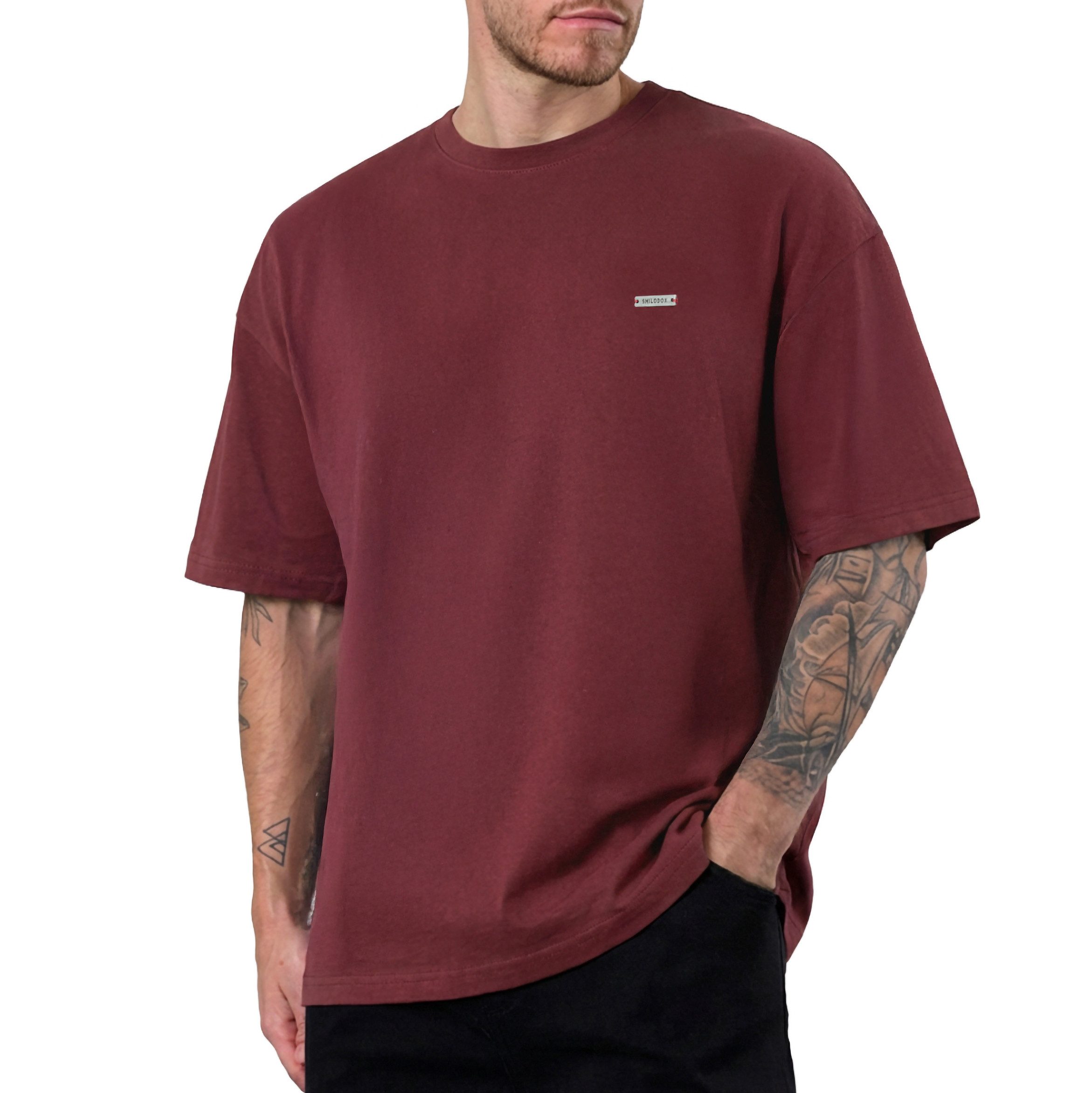 Smilodox T-Shirt Cedrik, Oversize Shirt aus 100% Baumwolle, Weiches Material, Modern Metallabel Baumwollshirt Kurzarmshirt moderne Details Freizeitshirt