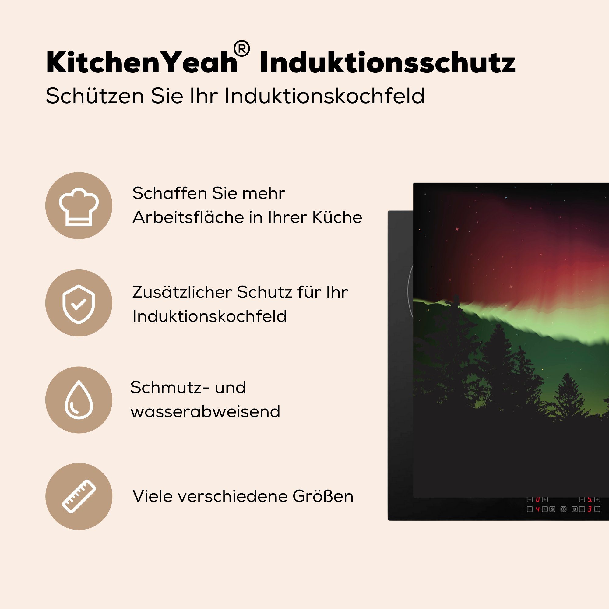 MuchoWow Herdblende-/Abdeckplatte Kiefern, für Ceranfeldabdeckung, tlg), Arbeitsplatte des Eine Vinyl, cm, Nordlichts über 78x78 Illustration küche den (1