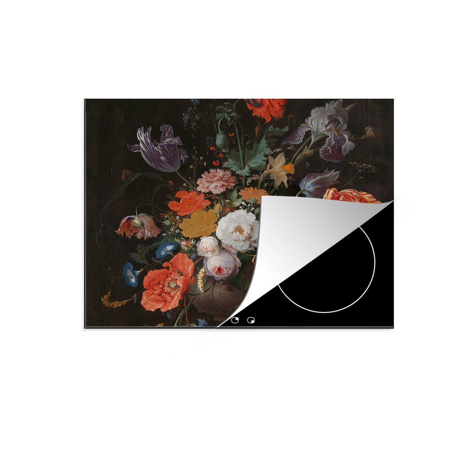 MuchoWow Herdblende-/Abdeckplatte Stilleben mit Blumen und einer Uhr - Gemälde von Abraham Mignon, Vinyl, (1 tlg), 59x52 cm, Ceranfeldabdeckung für die küche, Induktionsmatte