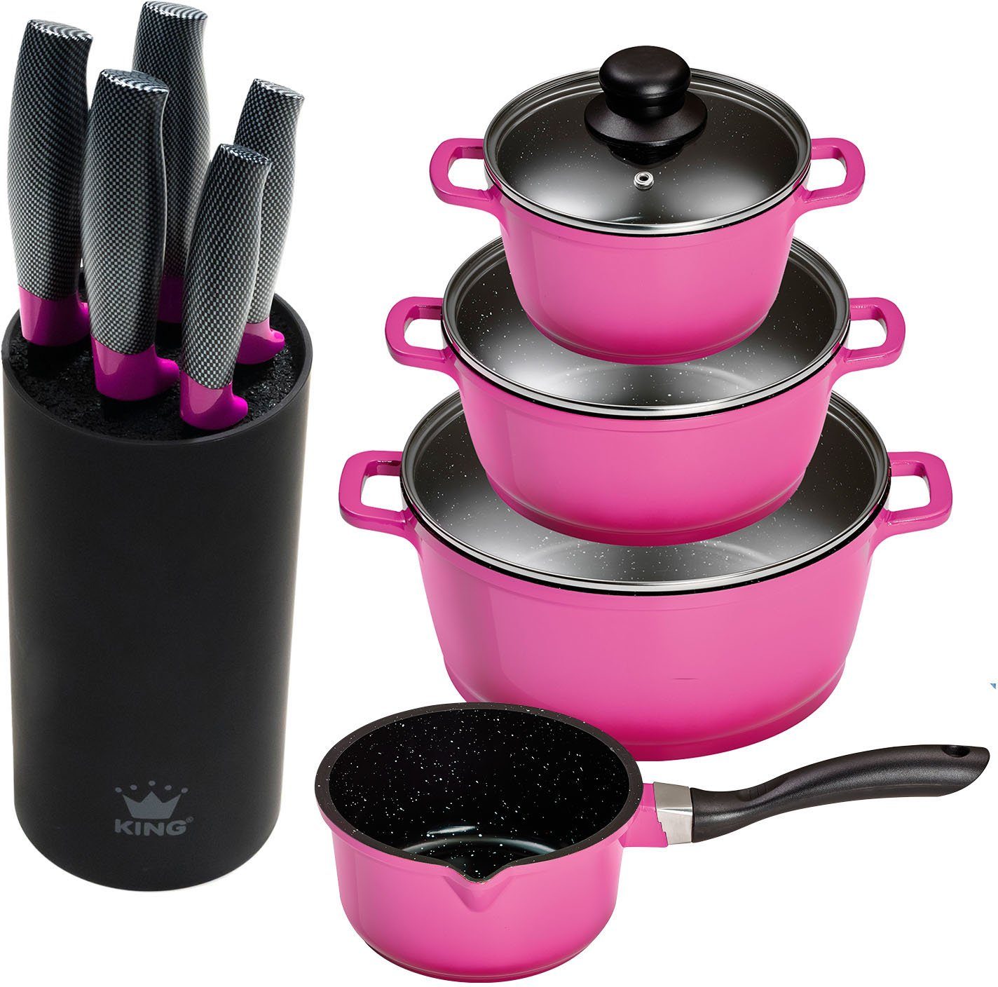 KING Topf-Set, Aluminiumguss (Set, 10-tlg., 4 Töpfe, 3 Deckel, 1 Messerblock, 5 Kochmesser), Induktion
