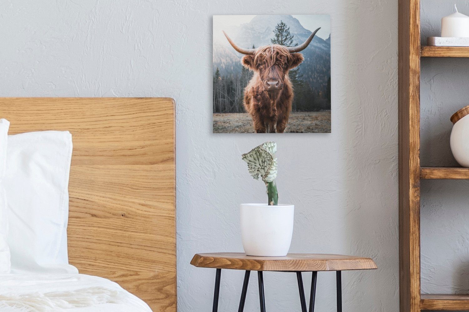 für Schlafzimmer Wohnzimmer Leinwand Kuh Berg (1 St), - Leinwandbild Schottischer Bilder - - Hochländer bunt Natur, - OneMillionCanvasses® Tiere