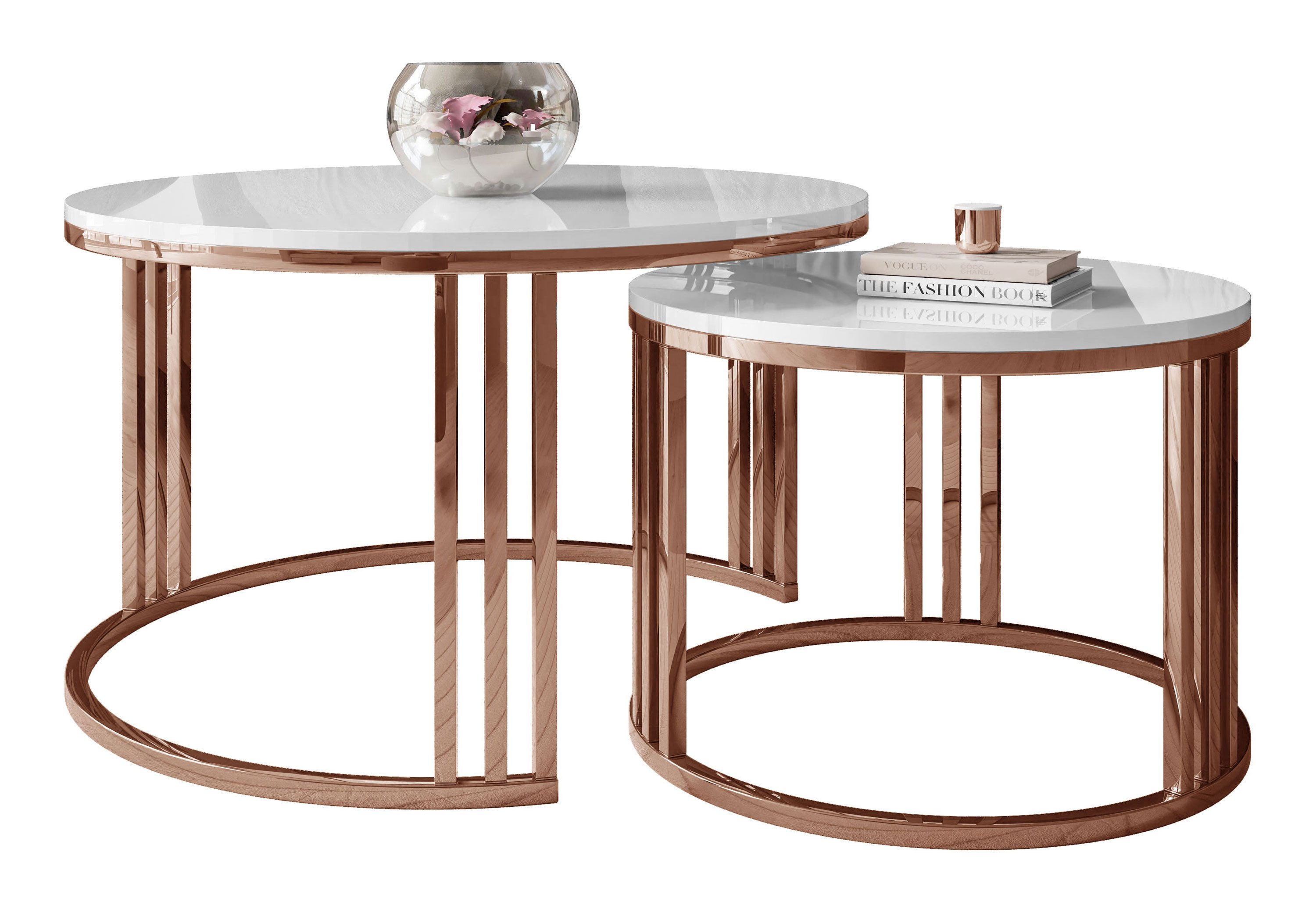 Lookway Couchtisch LORI 2in1 Couchtisch-Set in Hochglanz mit Kupfergestell (2er Set), Durchmesser: ⌀70 cm und ⌀50 cm, Höhe: 49 cm und 44 cm