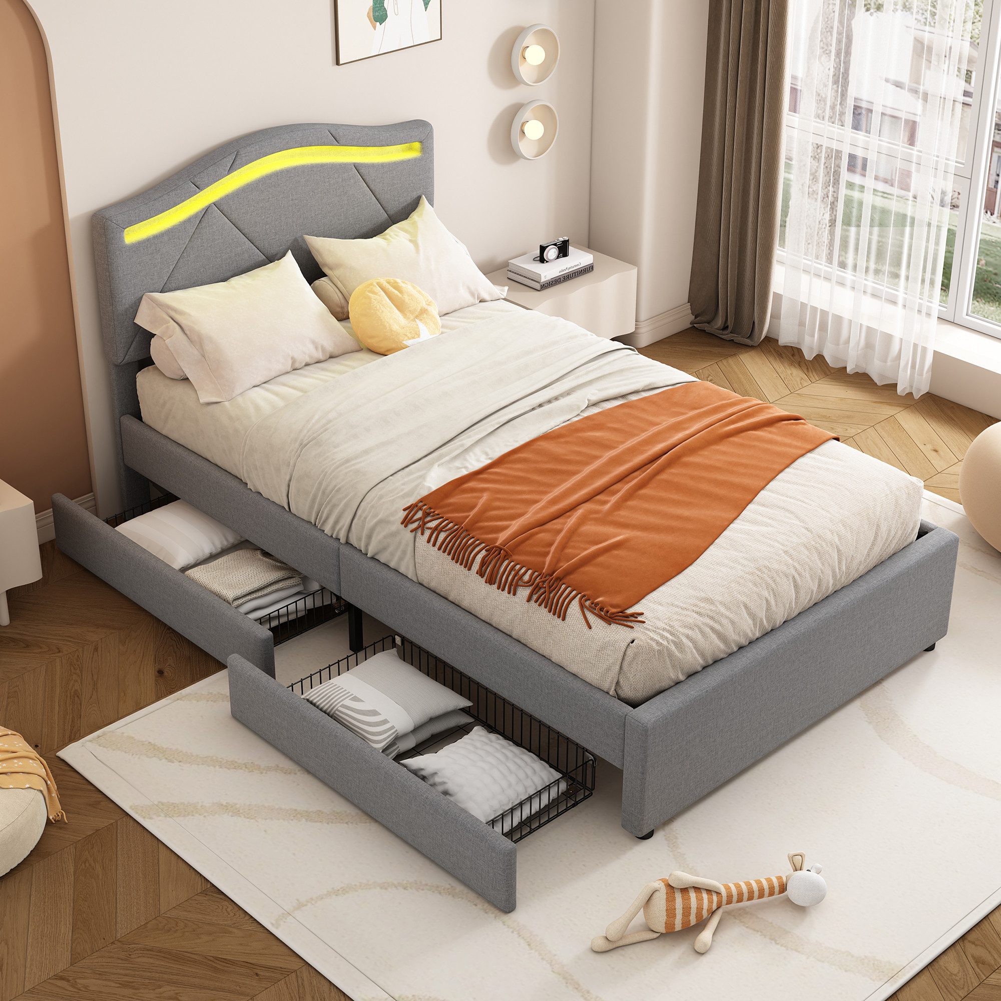 Flieks Polsterbett, LED Einzelbett 90x200cm mit 2 Schubladen und verstellba günstig online kaufen