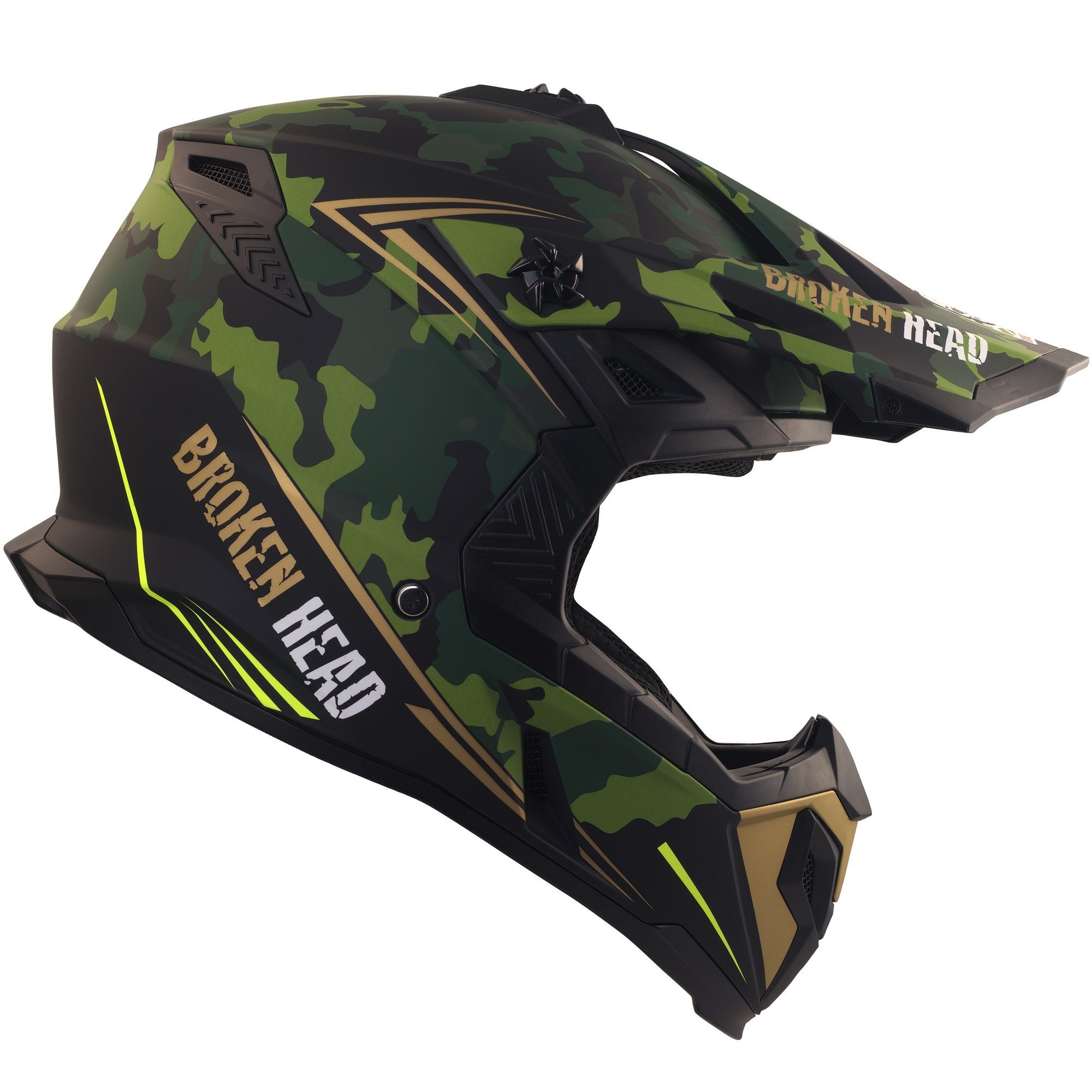 Broken Head Motocrosshelm Squadron Rebelution Camouflage-Grün-Gold, Zwei Verschlüsse