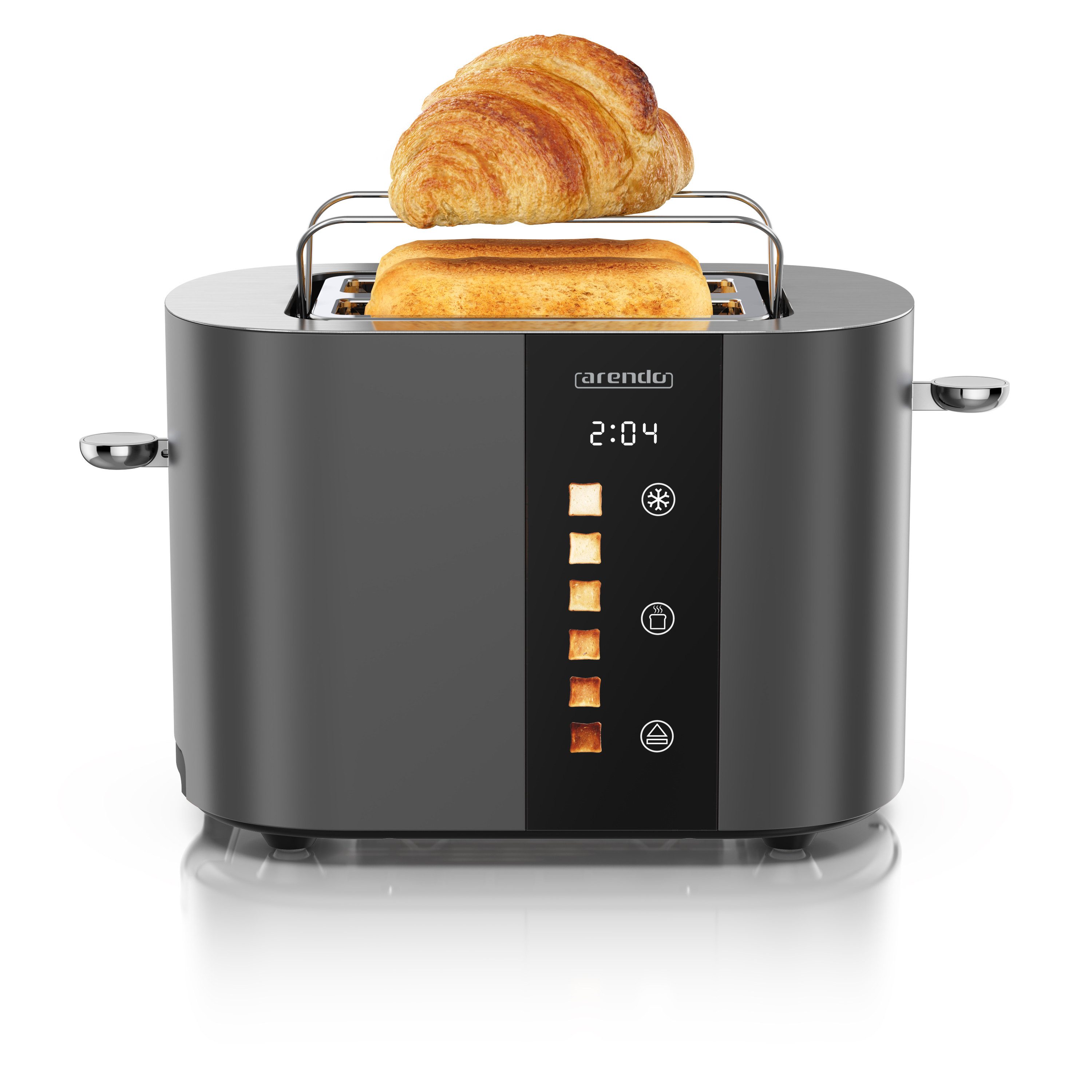Arendo Toaster Edelstahl, Kurzschlitz, Touch Display, Restzeit & Bräunungsgradanzeige, 2 Schlitze, für 2 Scheiben, 800 W, Brötchenaufsatz, Wärmeisoliert, Toast-Symbole für Bräunungsgradauswahl
