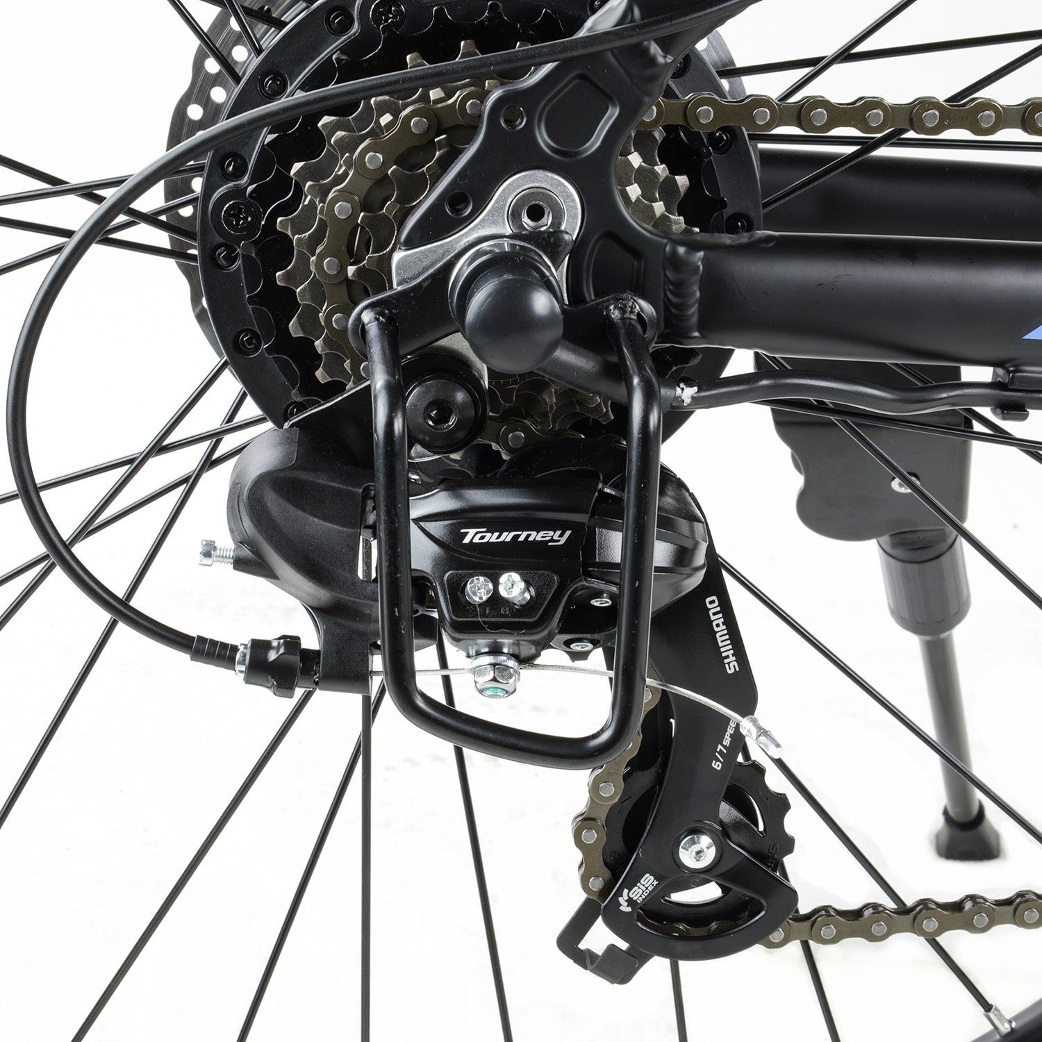 Myatu E-Bike Wh 450 Tourney Mountainbike großer Kettenschaltung, 12,5 Schaltwerk, Heckmotor, Schwarz, Akke, 27,5 Herren 21 Zoll LCD-Display, Shimano Akku 450,00 Ah Wh Gang