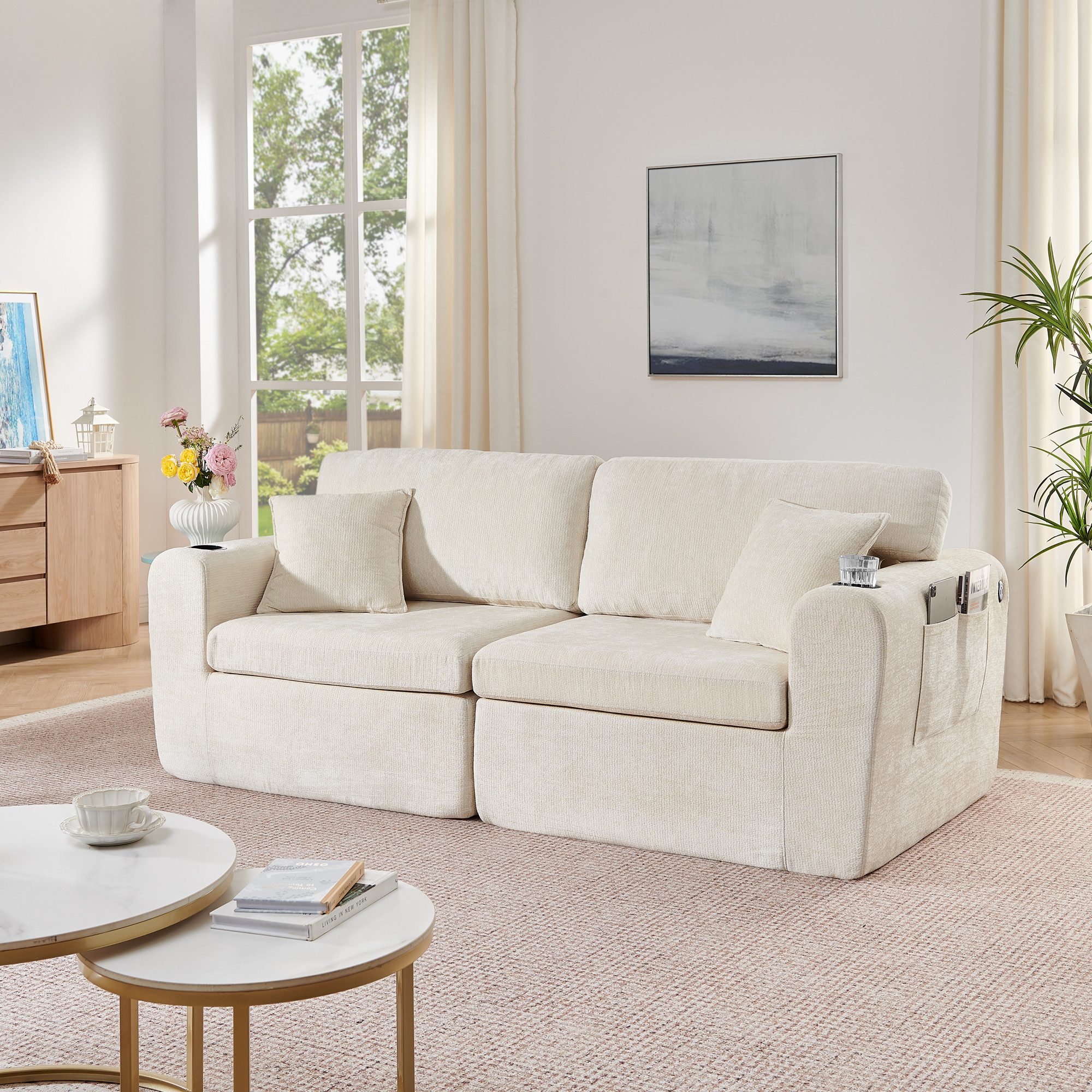 STILVORA Schlafsofa 2-Sitzer-Relaxsofa Chenille-Wohnzimmersofa in Beige, Chenillebezug, 2 Kissen, Getränkehalter, Seitentasche, für Wohnzimmer, Gästezimmer, Arbeitszimmer und Apartment