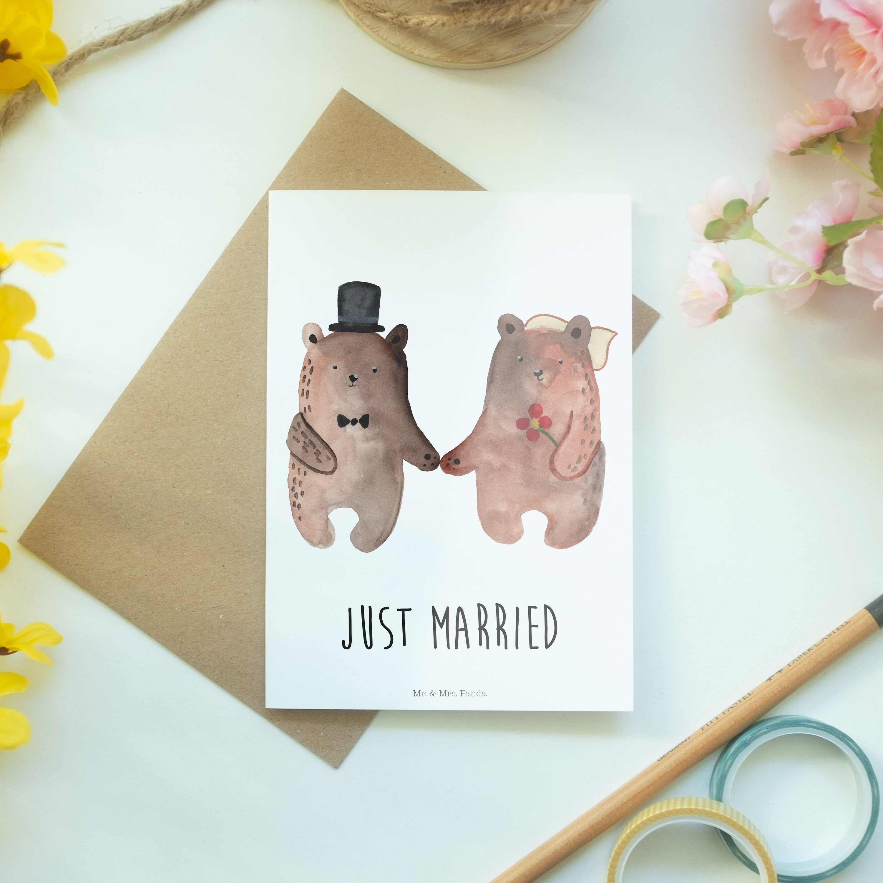 Grußkarte Bär Heirat Heirat & Bär Weiß Geschenk, - Heirate Mr. Mrs. - Hochzeit Panda Verheiratet