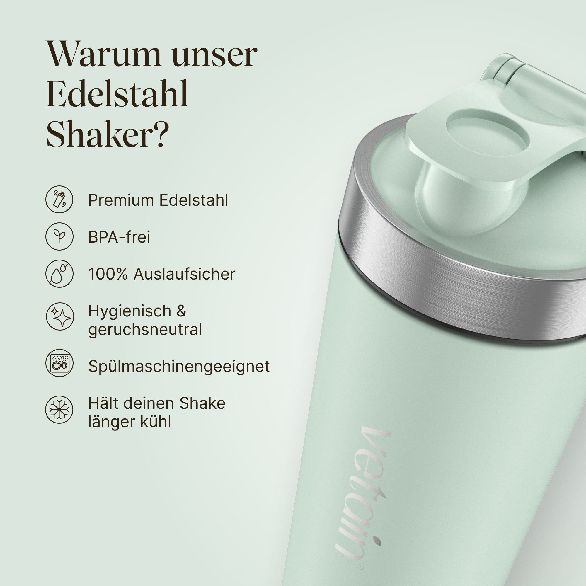 VETAIN Protein Shaker Edelstahl 700ml - 100% Auslaufsicher, Außen gravierte Messskala - Frei von BPA & DEHP - Spülmaschinenfest