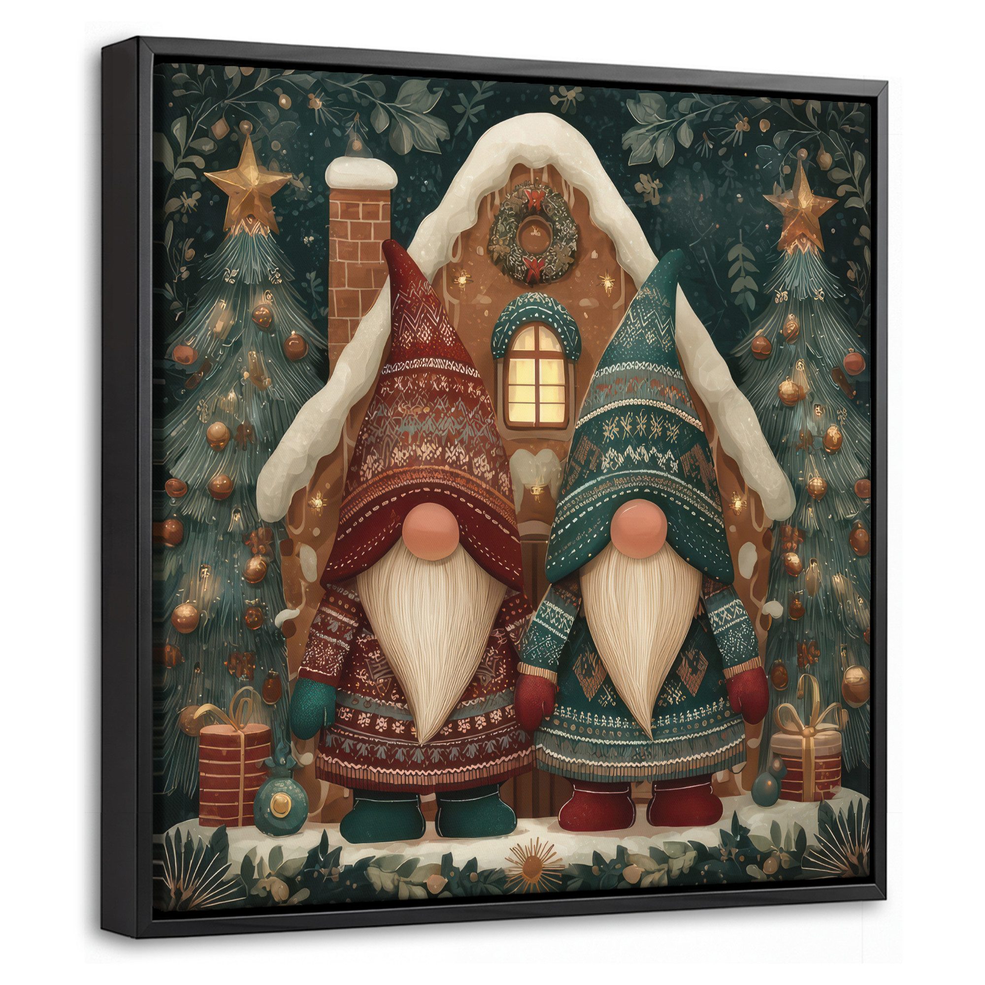 OneMillionCanvasses® Leinwandbild mit Rahmen - Weihnachten - Wichtel - Lebkuchenhaus - Rot - Grün, Fotodruck (1 St), Leinwand Bilder Klein, Wand Dekoration Aesthetic 20x20cm