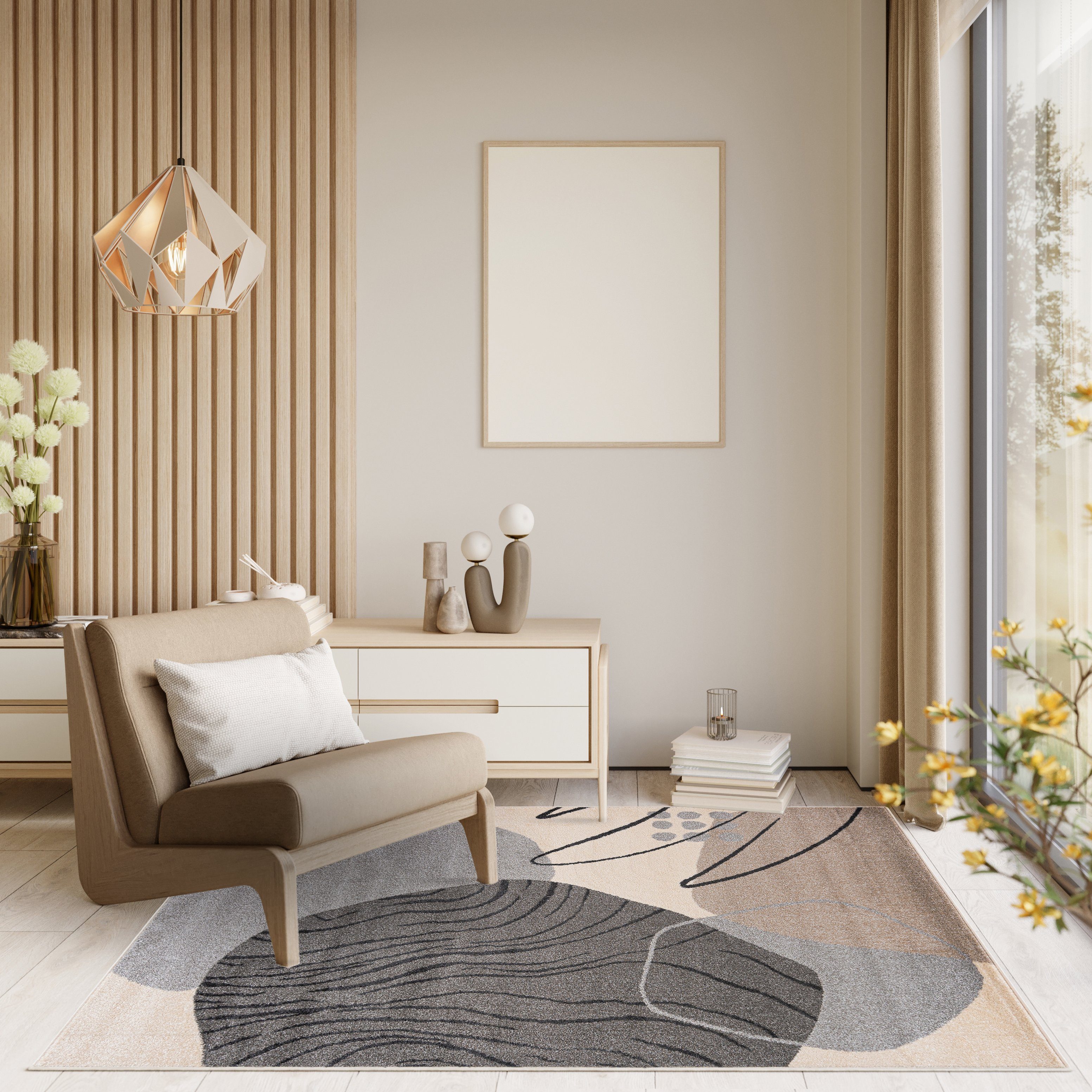 Mazovia Designteppich Modern Teppich Kurzflor Wohnzimmerteppich Japandi Scandi Beige Grau, 80 x 150 cm, Fußbodenheizung, Allergiker geeignet, Farbecht, Pflegeleicht