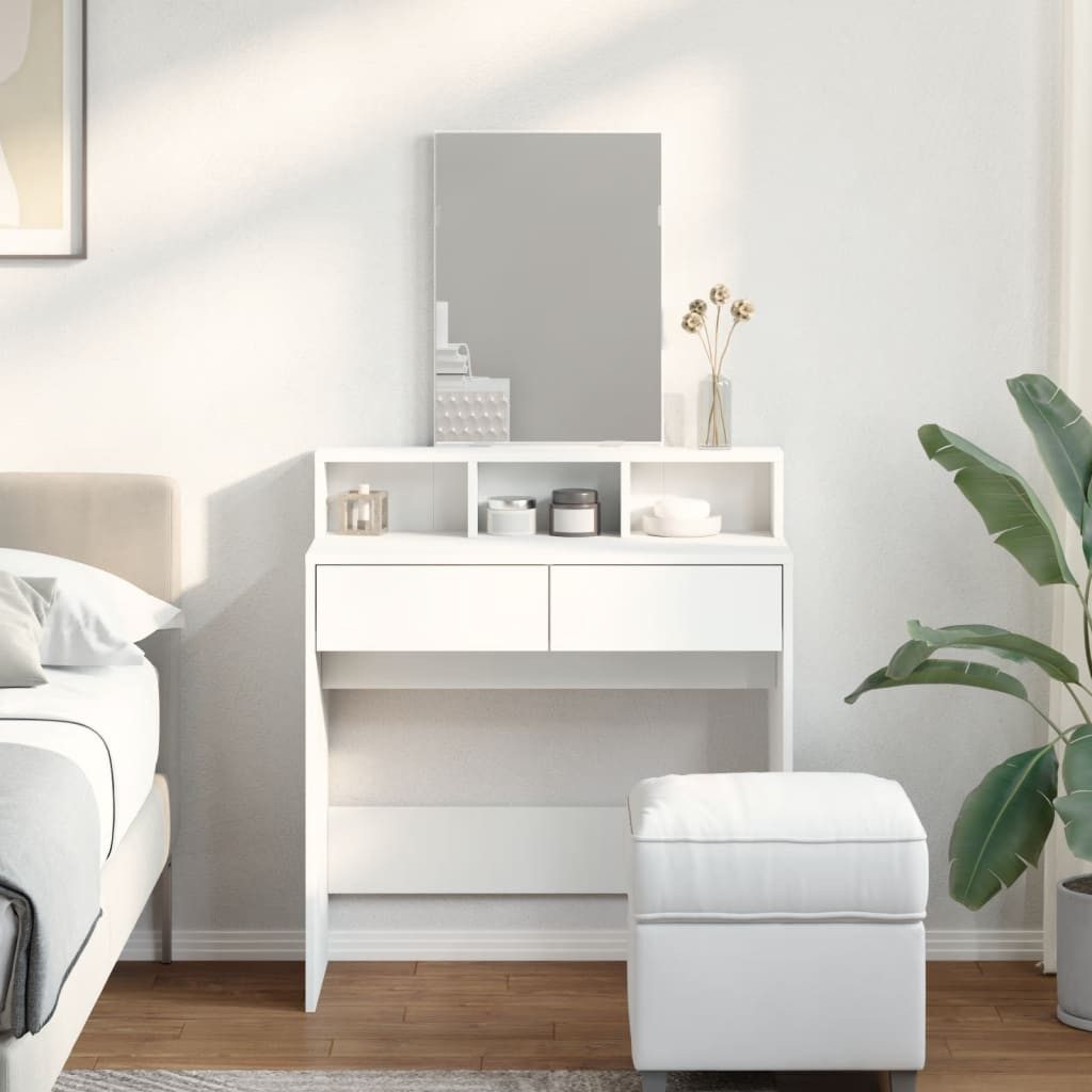 furnicato Schminktisch Weiß 80 x 41 x 144,5 cm mit Spiegel und Stauraum (1-St), Toilettentisch mit 2 Schubladen, 3 Fächern und Wandhalterung
