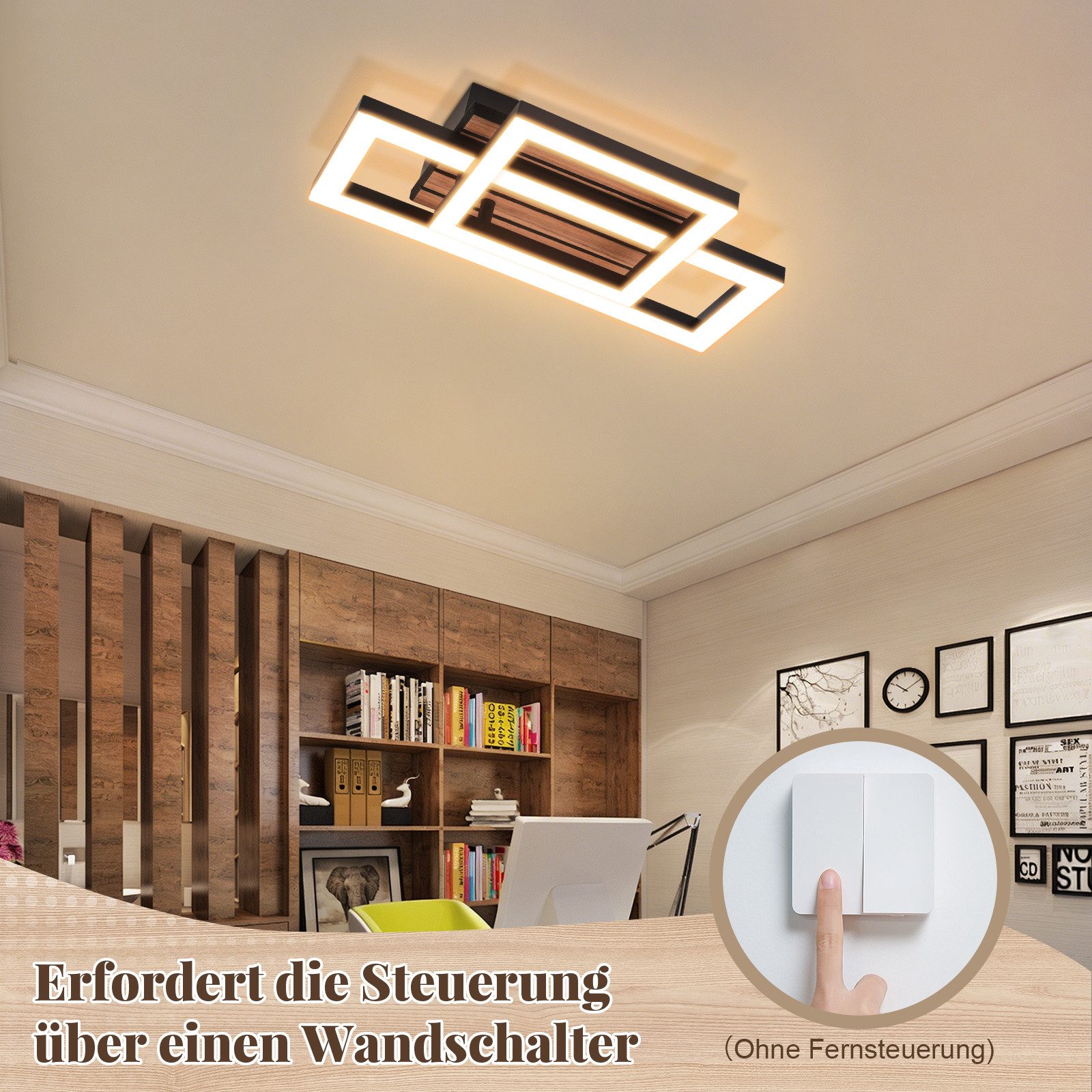 Nettlife LED Deckenleuchte Retro schwarz 14/21W eckig 3000K Warmweiß Design lampe Holz, LED fest integriert, für Küche Schlafzimmer Flur Wohnzimmer Bürolampe Zu – Bild 5 von 5