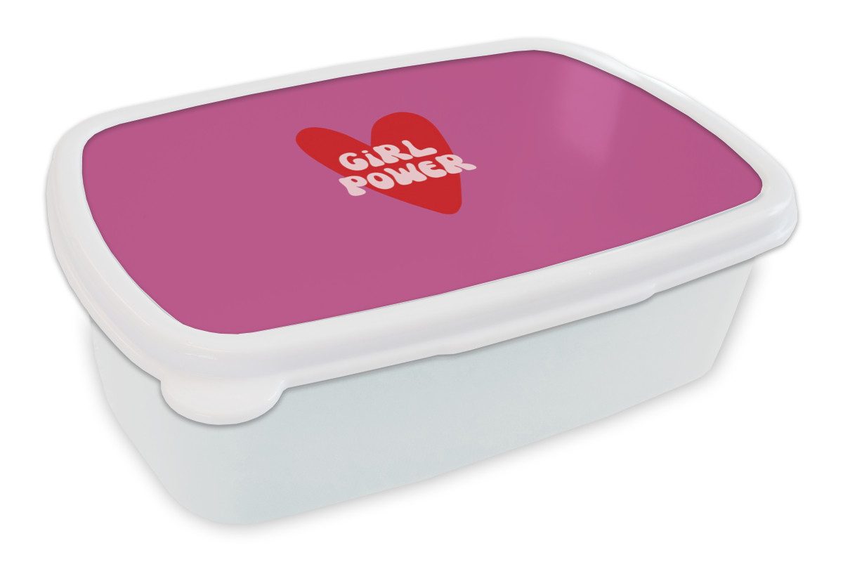 MuchoWow Lunchbox Girl power - Herz - Rosa - Rot, Kunststoff, (2-tlg), Brotdose Schule oder Arbeit, Brotbox für Kinder und Erwachsene