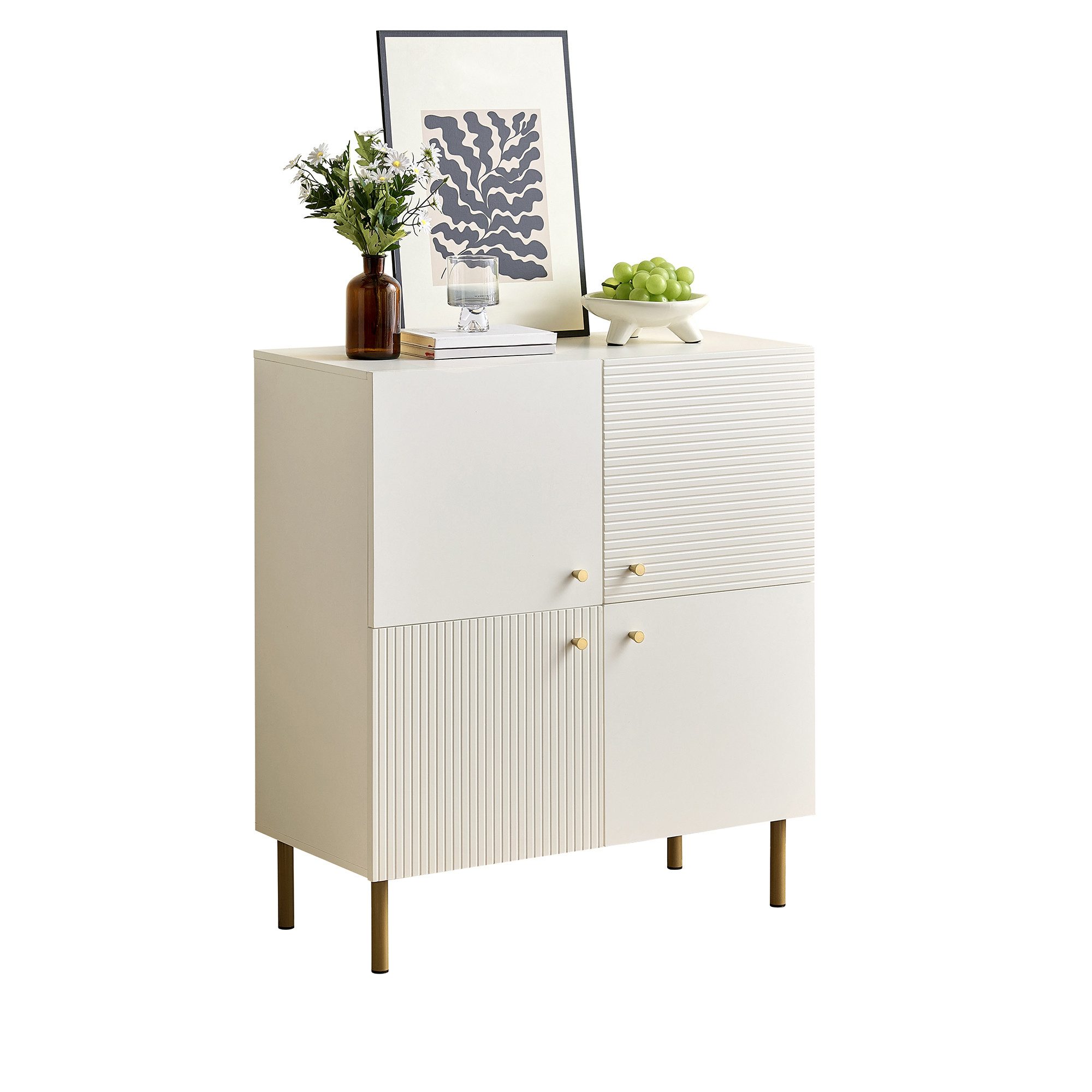 Refined Living Sideboard Aufbewahrungsschrank mit 4 Türen, Kommode, Wohnzimmerschrank (80 L × 36 B × 90 H cm, Modernes weißes Sideboard aus MDF mit Metallbeinen & Zinklegierung-Griffen, Skandinavischer Stil, Stauraum, Anrichte, 1 St., Flurschrank, Hochwertige Materialien, Großer Stauraum, Stabil), für Flur,Wohnzimmer,Arbeitszimmer,Wohnung,Schlaf-/Esszimmer,Büro