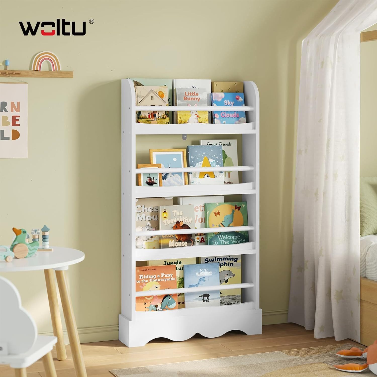 Woltu Bücherregal, mit 4 Ebenen, aus MDF Holz, Regal für Kinderzimmer Kindergarten