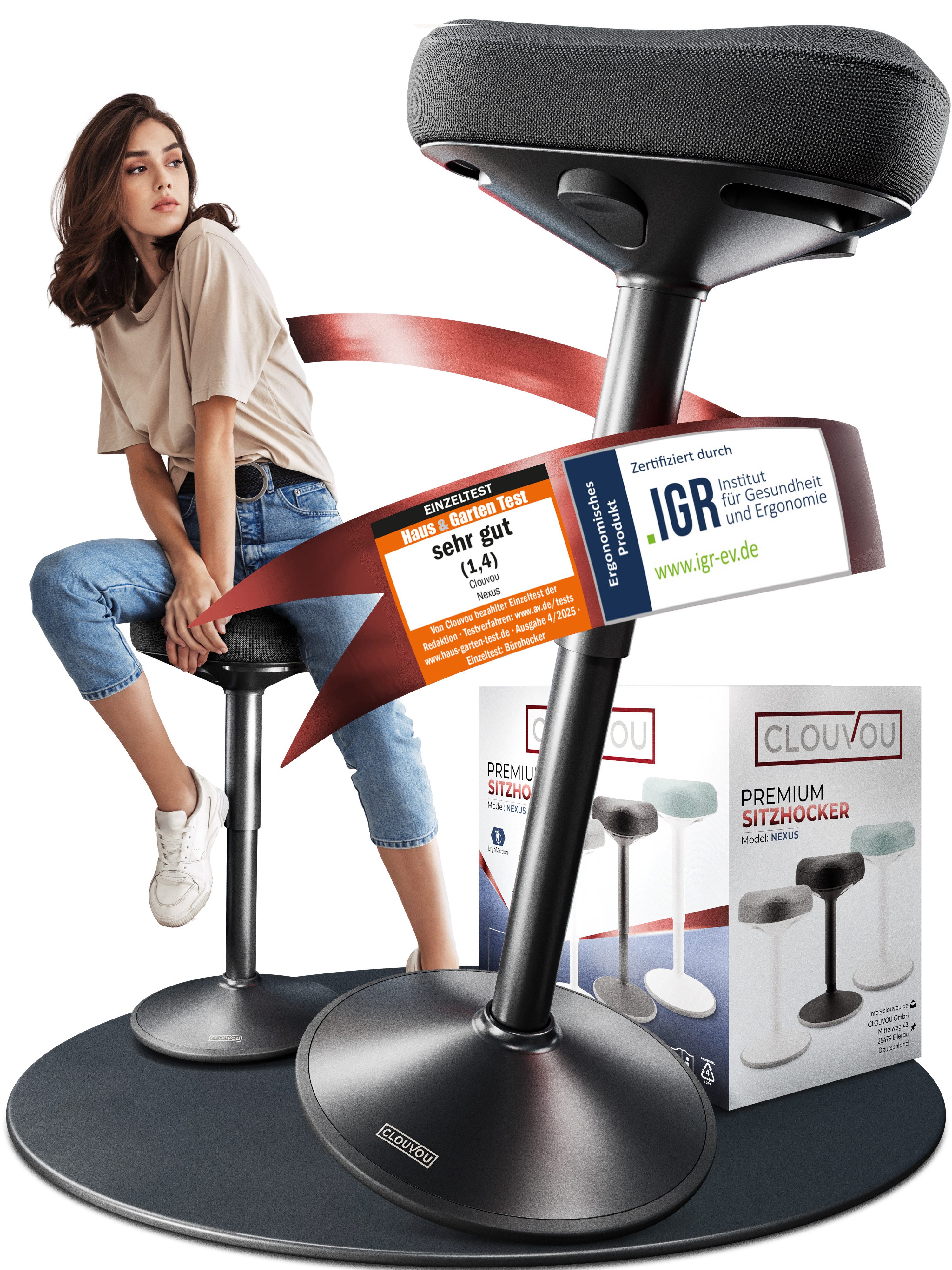 CLOUVOU Arbeitshocker Nexus Офисный стул - Ergonomischer Hocker Büro -, höhenverstellbar 47cm bis 64cm - Wackelhocker zur Stärkung des Rückens