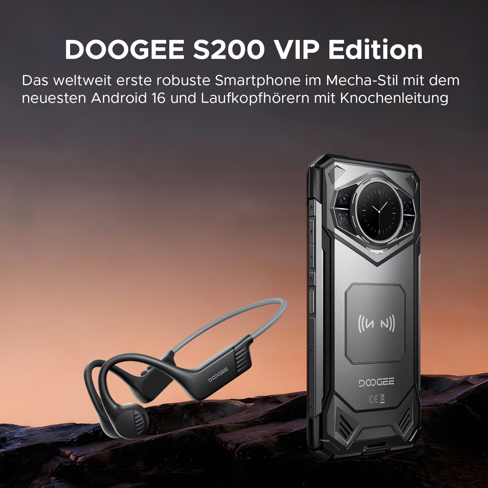 DOOGEE S200 5G Handy inkl. Knochenschall-Kopfhörer, Android 16 Outdoor Smartphone (6.72 Zoll, 256 GB Speicherplatz, 100 MP Kamera, 10100mAh, 256GB, IP68, Fingerabdruck, Dual SIM, NFC, Schnellladen)
