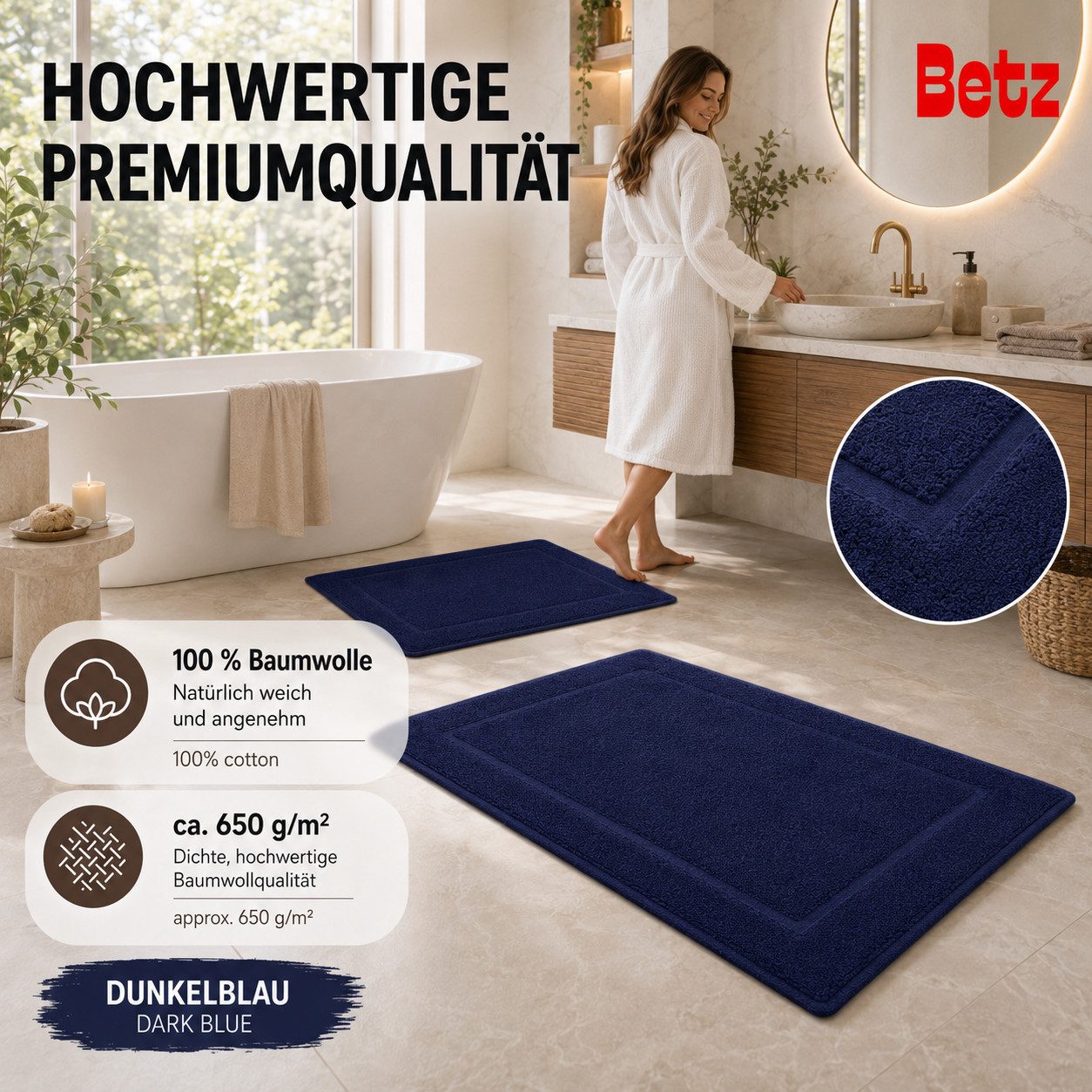 Betz Badematte 2 Stück Badvorleger Premium Badteppich Größe 50x70 cm, unbeschichtet, beidseitig nutzbar, beidseitig nutzbar, Baumwolle, Qualität 650g/m² – Bild 3 von 5