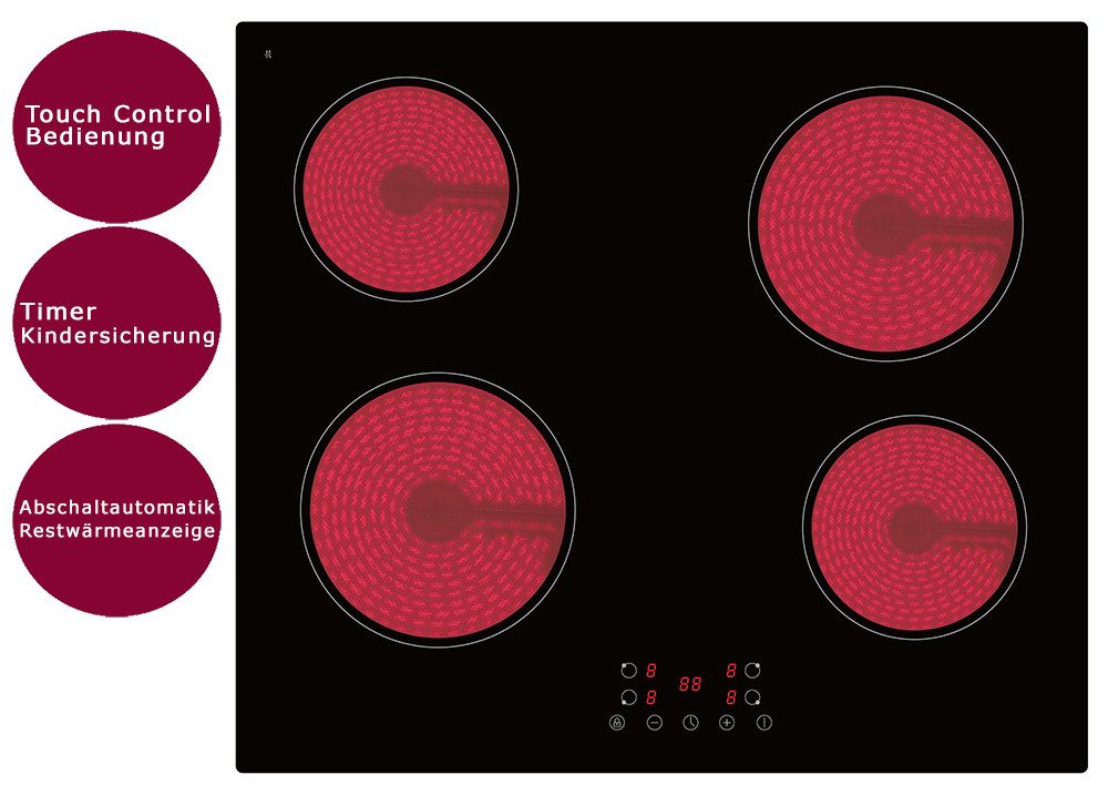 PKM Elektro-Kochfeld Glaskeramik-Kochfeld BKF4 G, Touch Control, Timer, rahmenlos, Abschaltautomatik