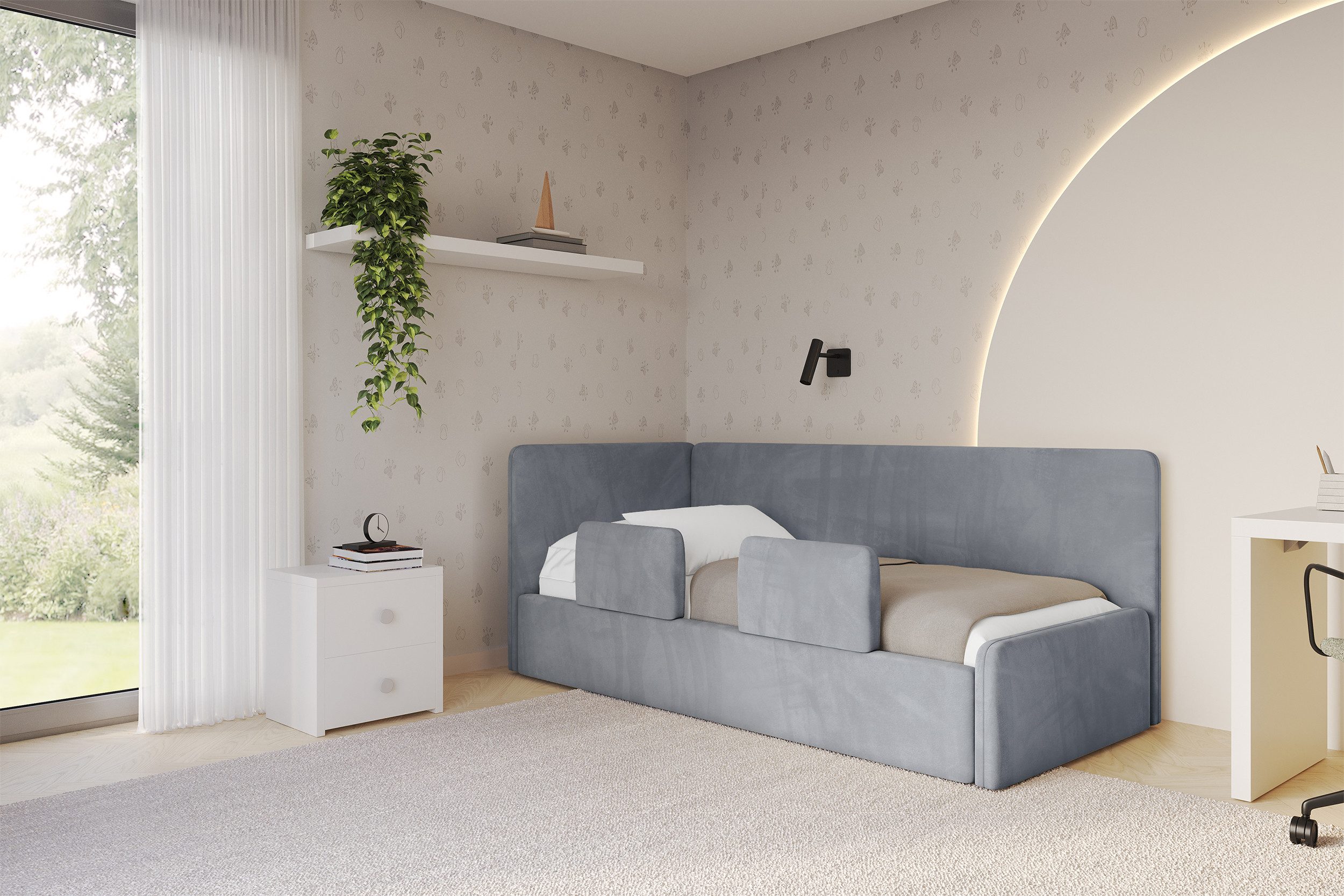 ALTDECOR Jugendbett NORY (Jugendbett mit Bettkasten und Lattenrost, Polsterbett ohne Matratze), Einzelbett mit Stauraum, Bett mit Kopfteil