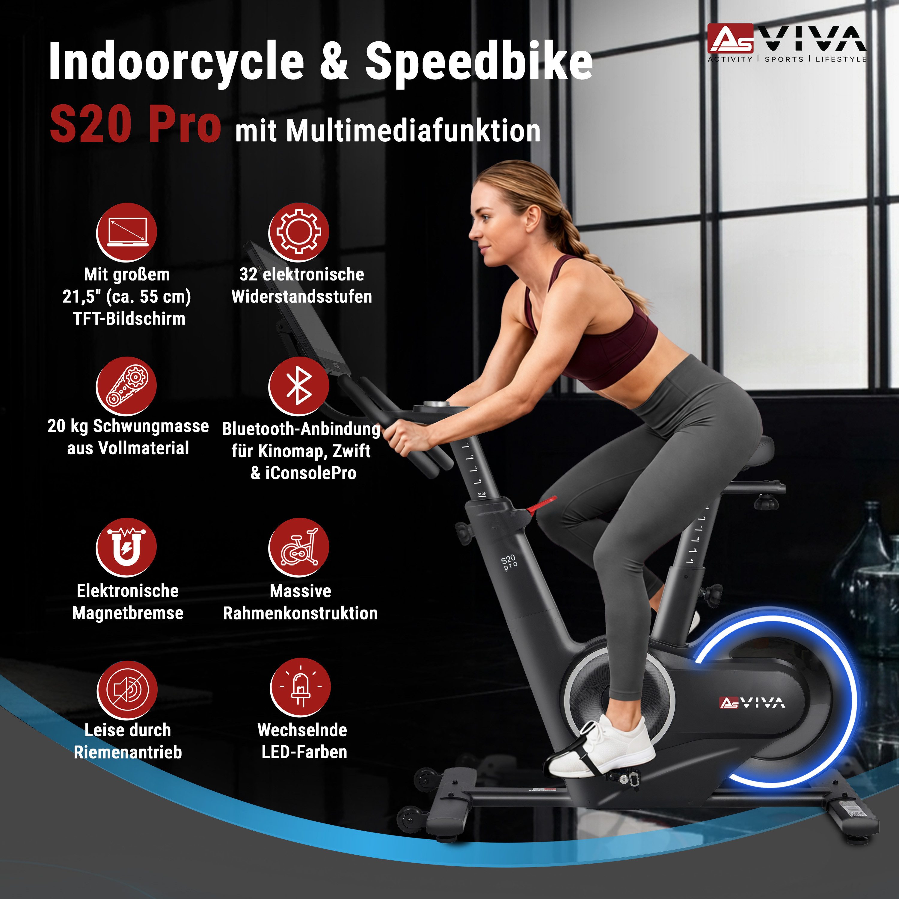 AsVIVA Speedbike S20 - Indoor Cycle mit 21,5" TFT-Touchdisplay, Fitness-App kompatibel, automatischer Widerstand, 20 kg Schwungrad, Dual-Steuerung