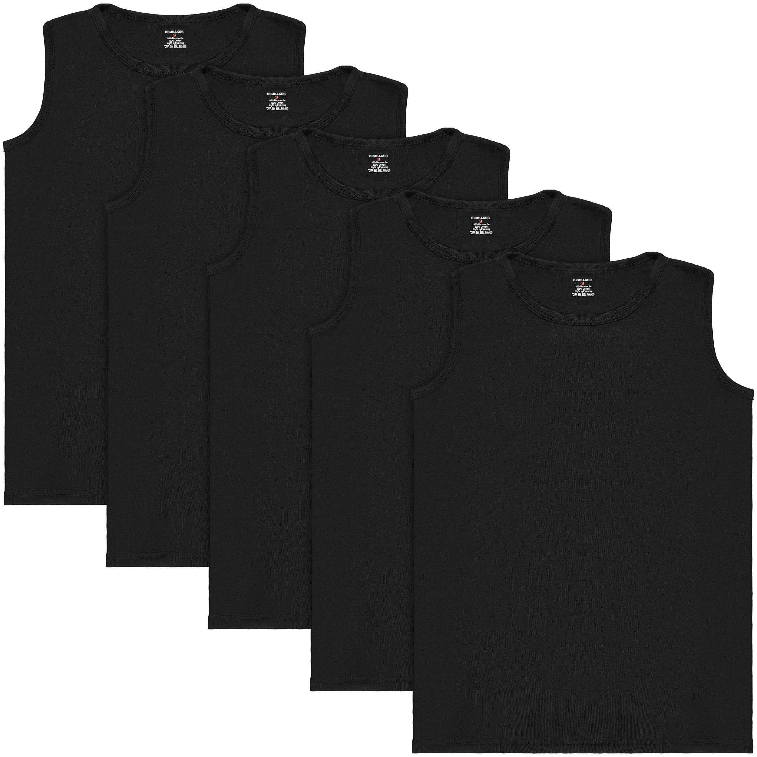 Ausschnitt Herren Männer, aus Achselshirt hochwertiger Basic Muskelshirt BRUBAKER für Tanktop Lang Schlichtes Tank (5er-Pack) Schwarz Rundhals Top Baumwolle (glatt), mit Extra Unterhemd