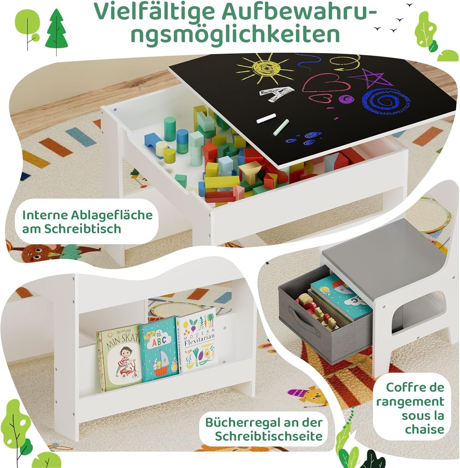 TLGREEN Kindersitzgruppe 3-in-1 Multifunktional mit Whiteboard & Kreidetafel, (Maltisch & Schreibtisch mit Großen Stauraum & Buchständer, Spieltisch für Lego Ki – Bild 4 von 5