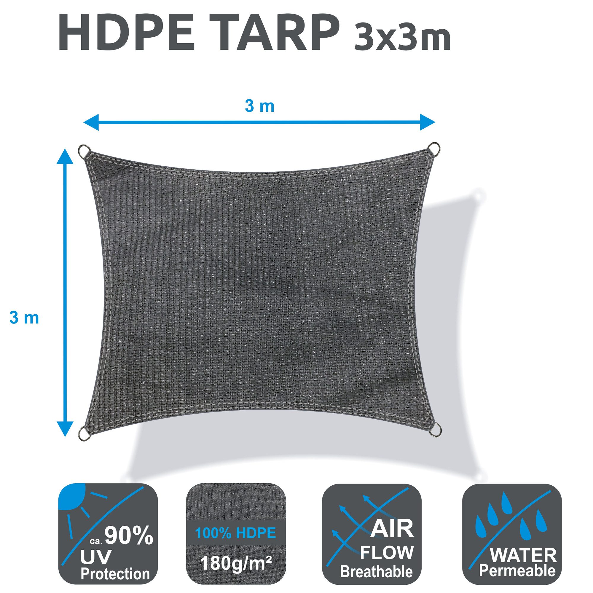 yourGEAR Sonnensegel yourGEAR Sonnensegel 3 x 3 m HDPE Tarp Haus-Markise UV Sonnenschutz