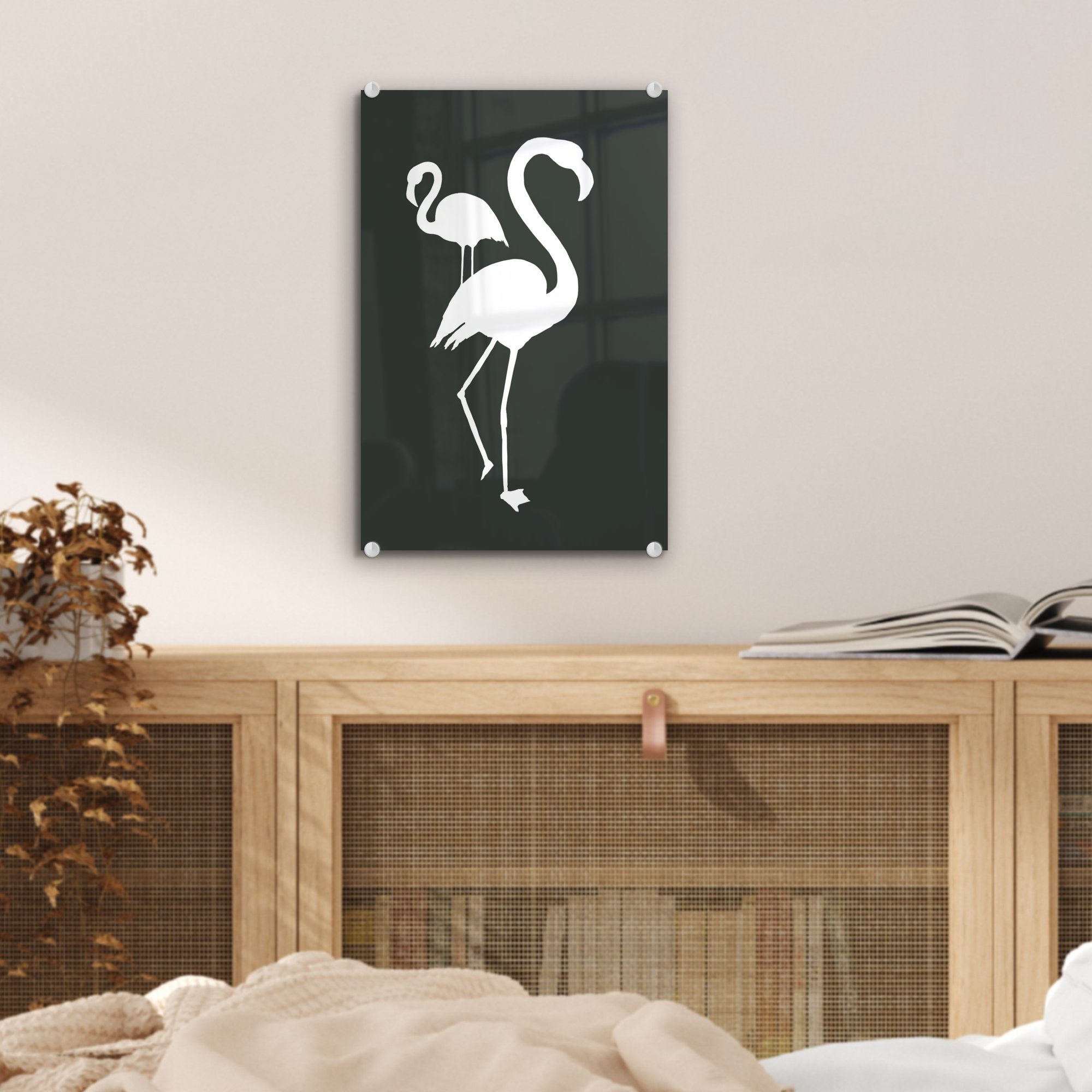 Illustration Glas Flamingo bunt - MuchoWow - auf (1 - Glasbilder Wanddekoration auf Weiß, Wandbild Foto - Bilder - Acrylglasbild St), Glas