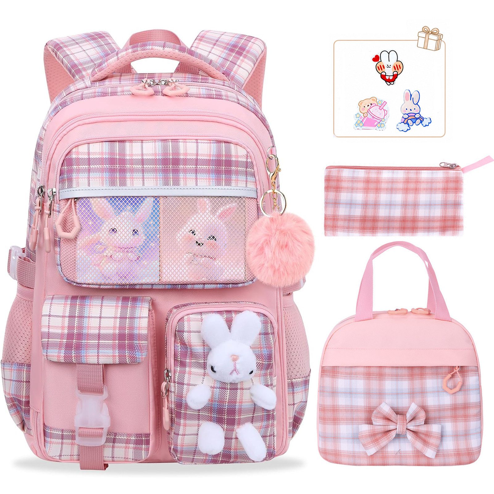 MOPUEA Schulrucksack Schulrucksack Set 3-tlg Wasserabweisend Ergonomisch mit Viele Fächer (Schulrucksack Set mit Lunchtasche und Federmäppchen, Rucksack Lunchtasche und Federmäppchen im passenden Design), 180 Grad Öffnung reflektierend wasserabweisend erg