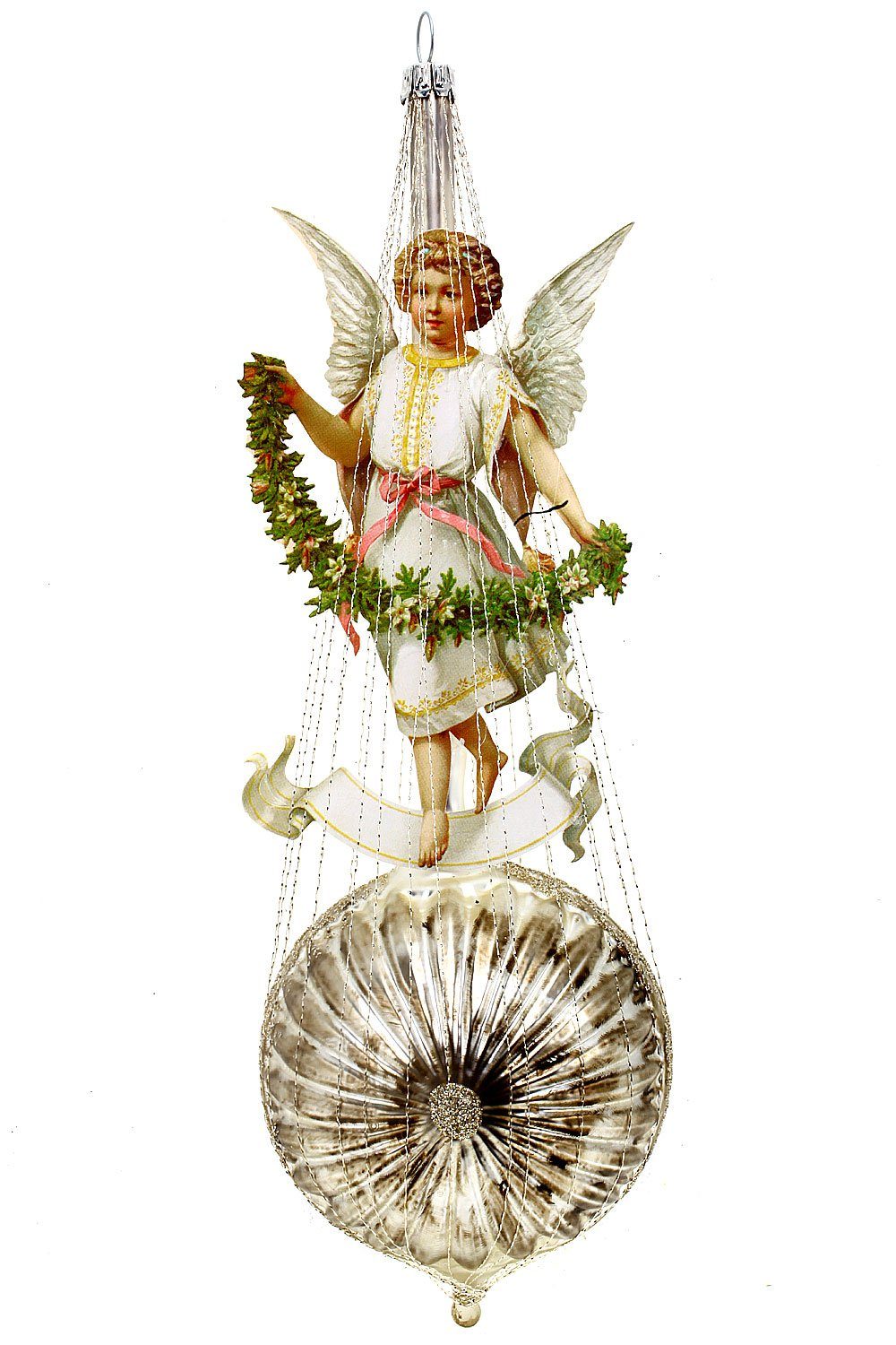 Hamburger Weihnachtskontor Christbaumschmuck Nostalgische Blütenkugel mit Engel, Dekohänger - mundgeblasen - handdekoriert