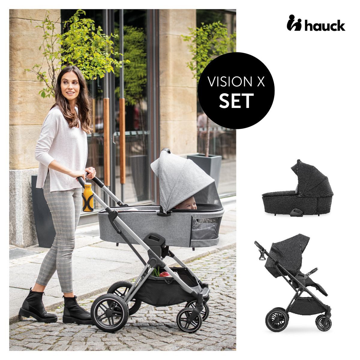 Hauck Kombi-Kinderwagen Vision X Trio Set Black - Melange Black, 3in1 Kinderwagen Set mit Babywanne, Babyschale, Sportsitz, Regenschutz