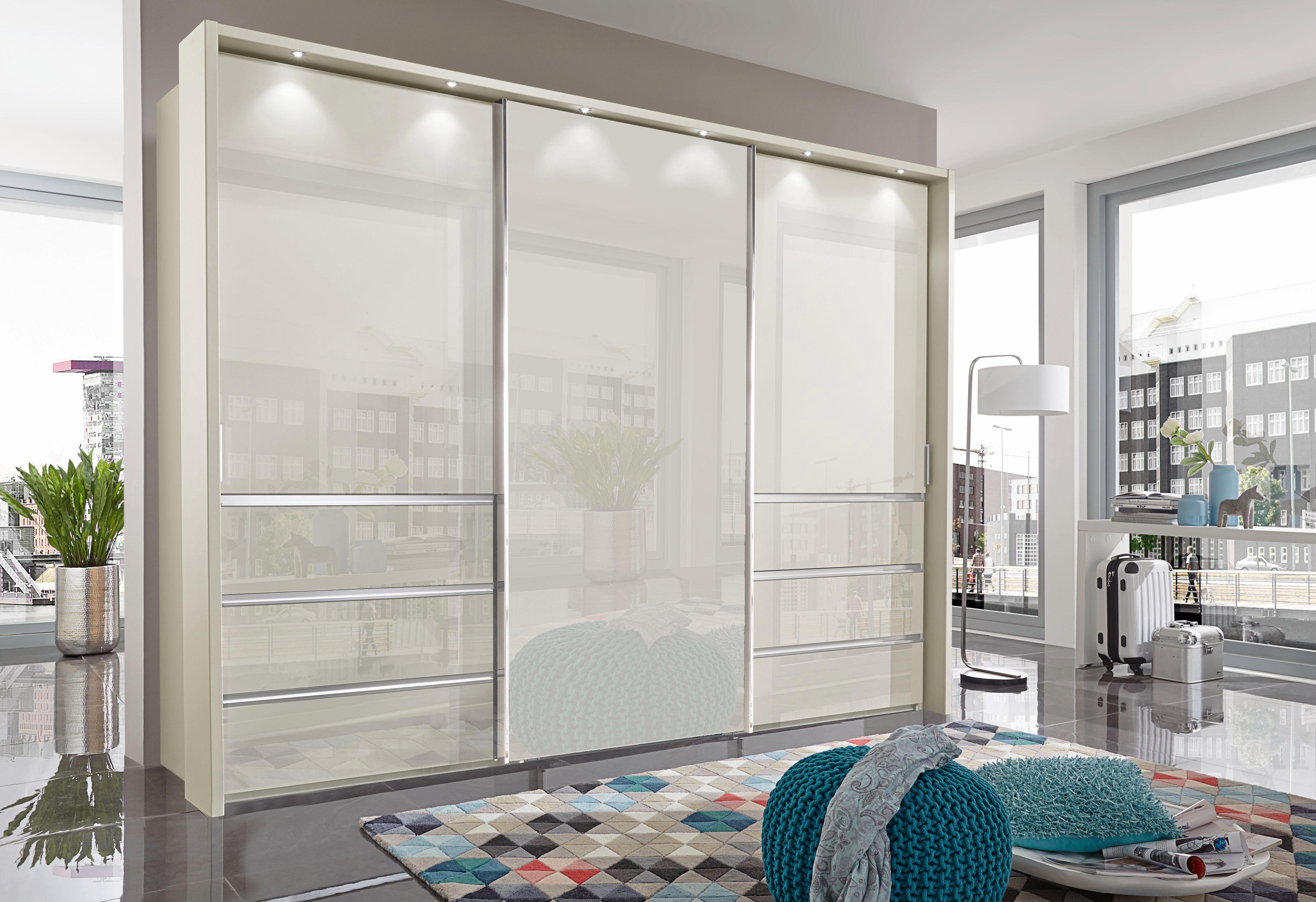 WIEMANN Schwebetürenschrank Malibu, stilvolles Design, Made in Germany mit Glasfront, in verschiedenen Breiten, Schubladen mit Selbsteinzug