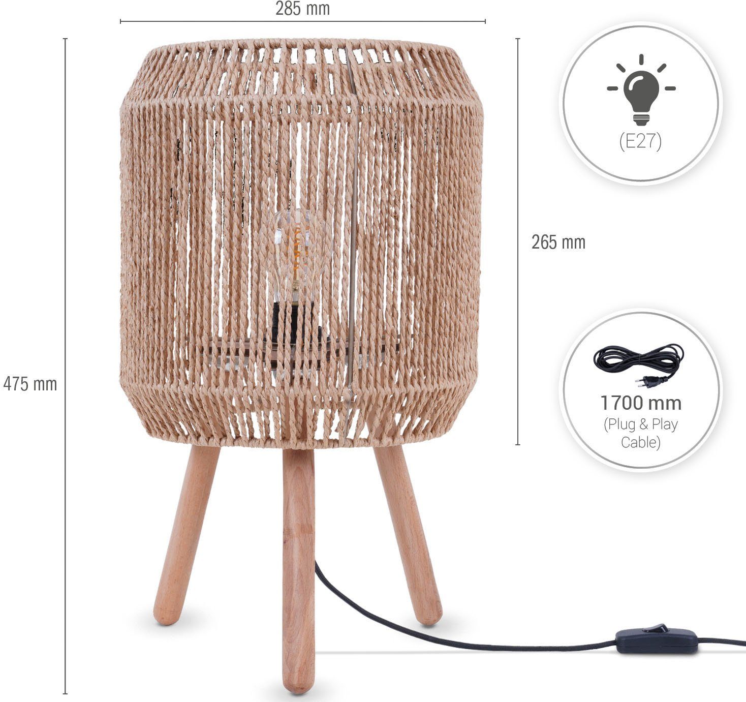 Paco Home Tischleuchte SOL, ohne braun Lampenschirm Korb Deko Boho E27 Holz Leuchtmittel