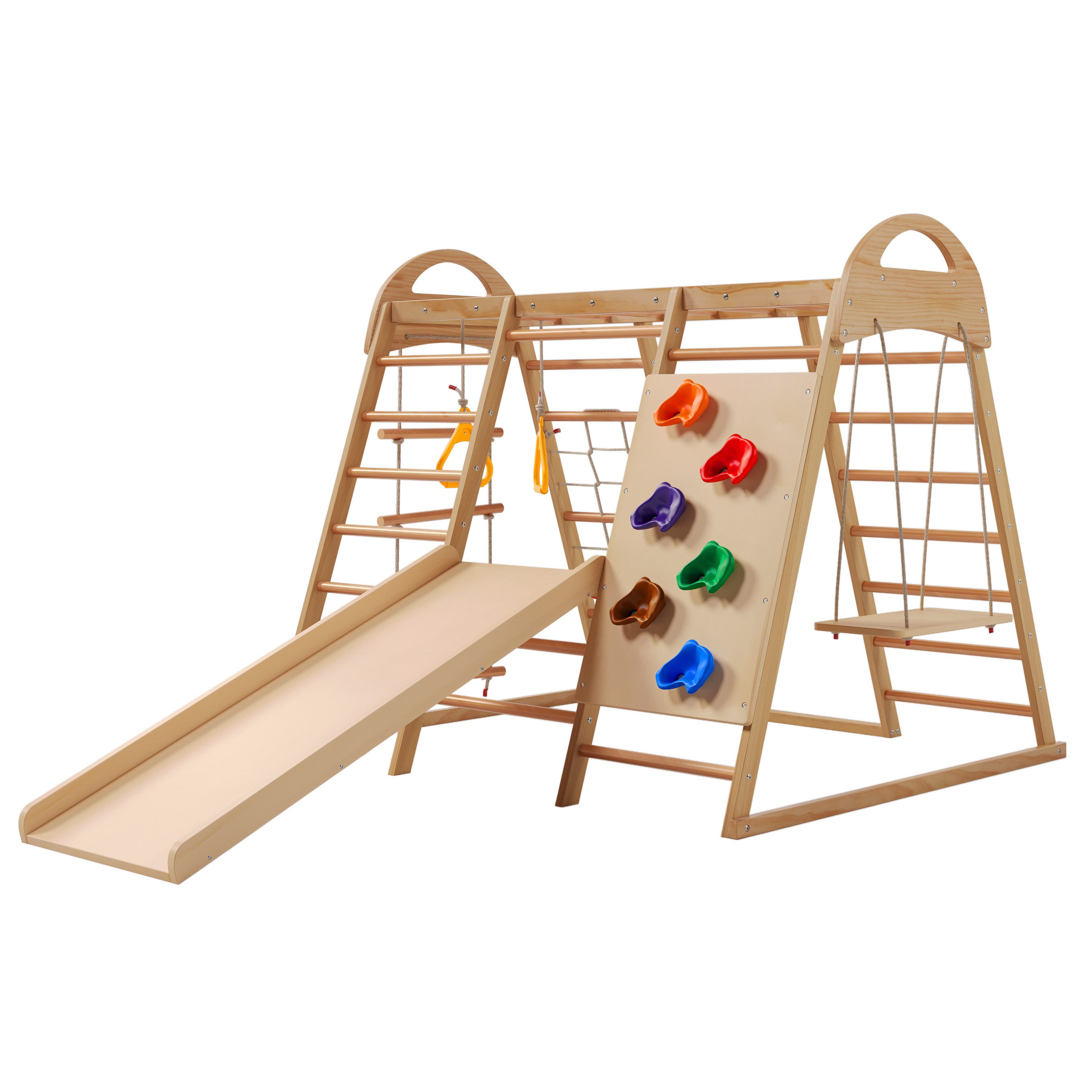 Merax Klettergerüst 8-in-1 Kletterdreieck aus Holz, (Rutschbahn, Schaukel, Leiter, Kletternetz, Ringe), Kletterwand, Indoor-Spielplatz, Spielset