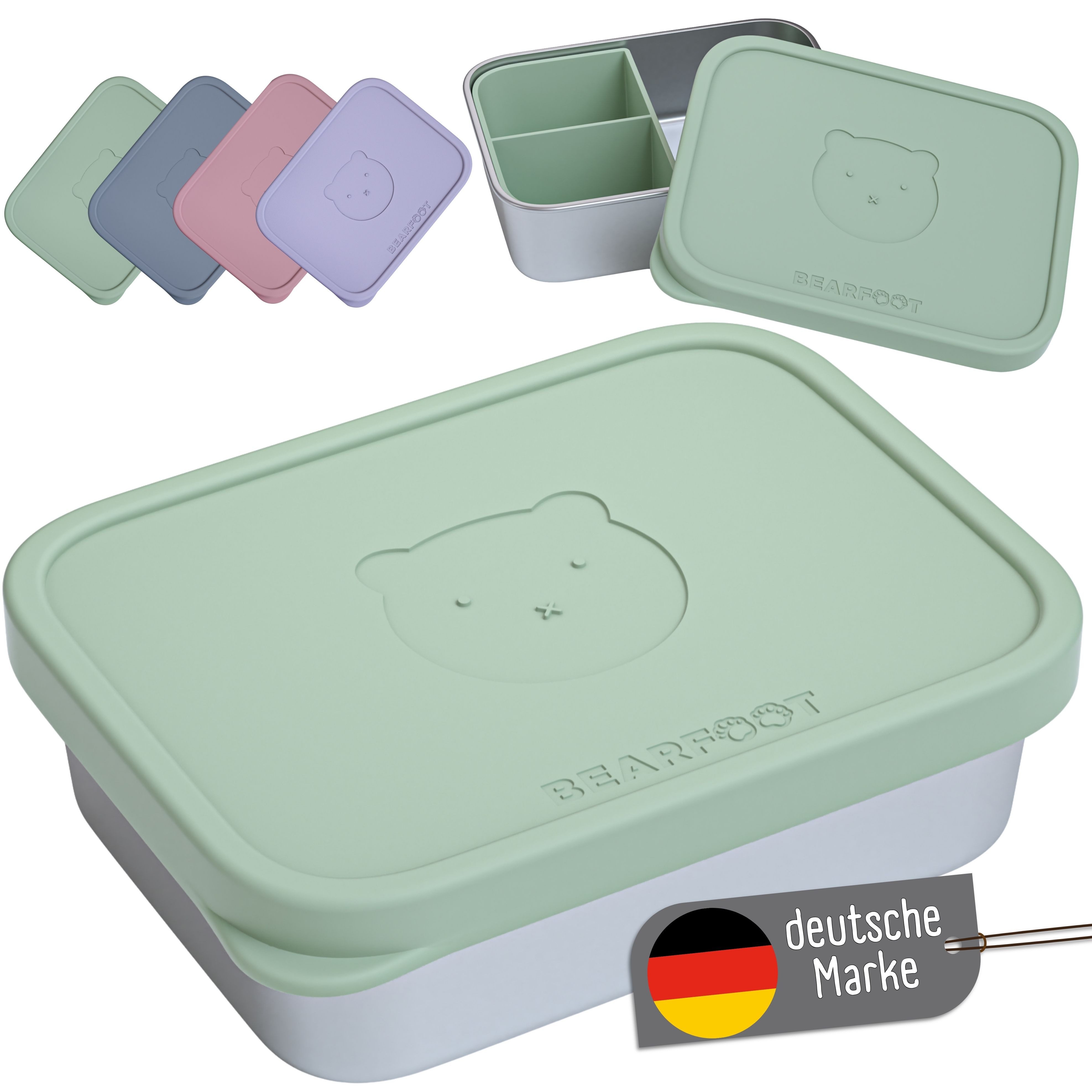 BEARFOOT Lunchbox Brotdose Kinder Edelstahl mit Silikoneinsatz - Salbei, Kindergarten und Schule - Mädchen und Jungen, Vesperbox, Snackbox