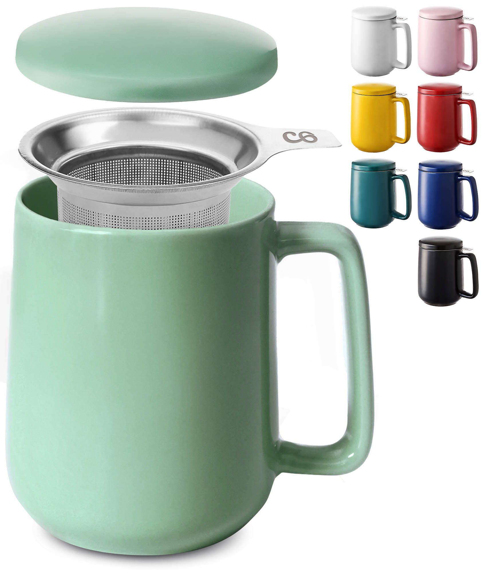Cosumy Teeglas Teetasse mit Sieb und Deckel Türkis 500ml, Keramik, Hält Lange warm - 500 ml XXL Groß - Spülmaschinenfest