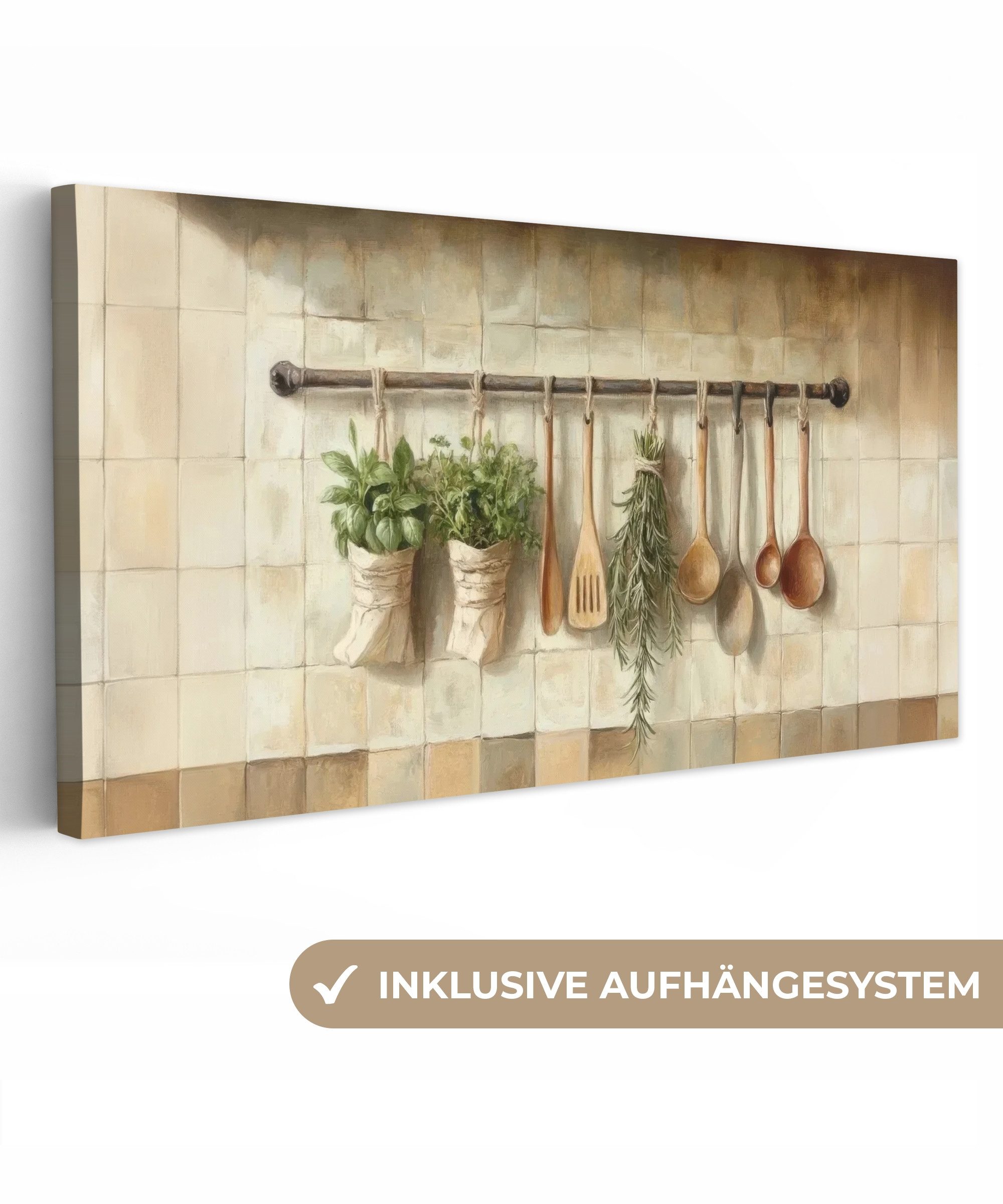 OneMillionCanvasses® Leinwandbild Panorama Holz - Küchengeräte günstig online kaufen