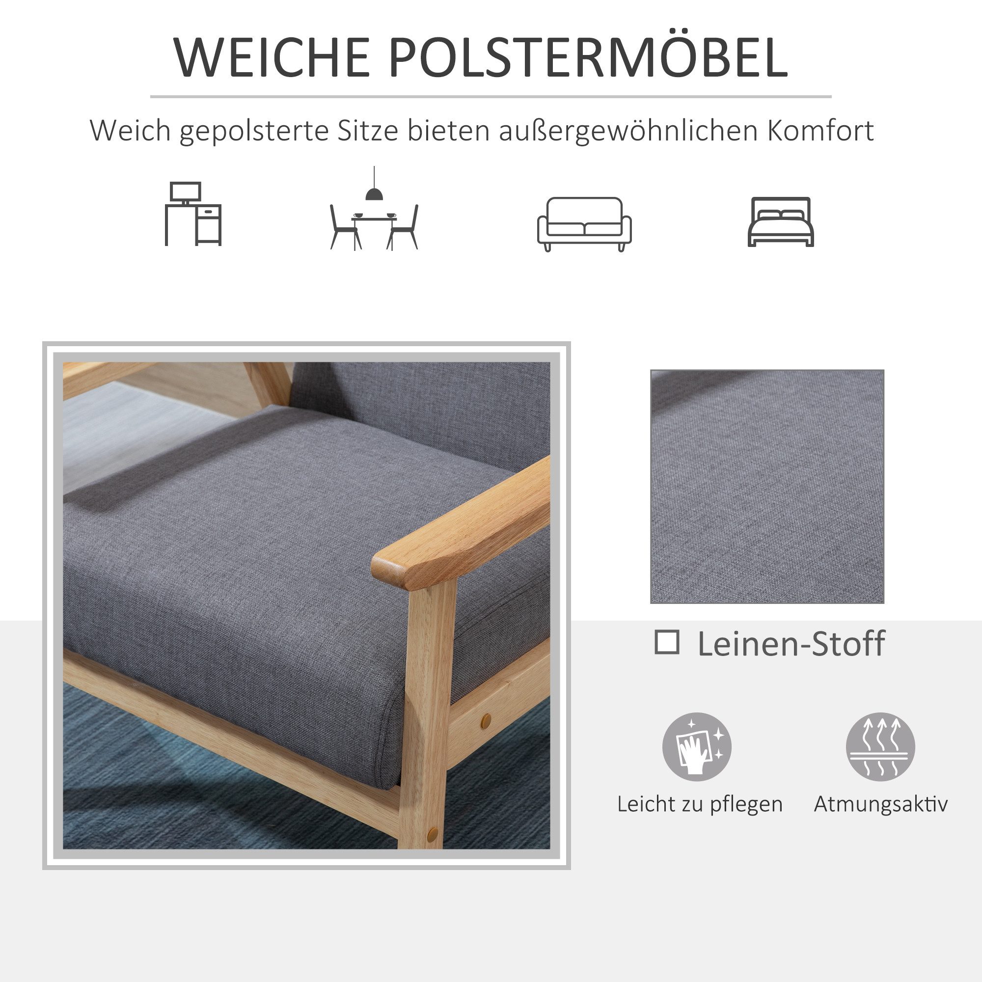 HOMCOM Relaxsessel Sessel Wohnzimmer mit Massivholzbeine, Lesesessel mit Leinenoptik (Akzentsessel, 1-St., Sessel), Grau, 64 x 70 x 72 cm – Bild 5 von 5