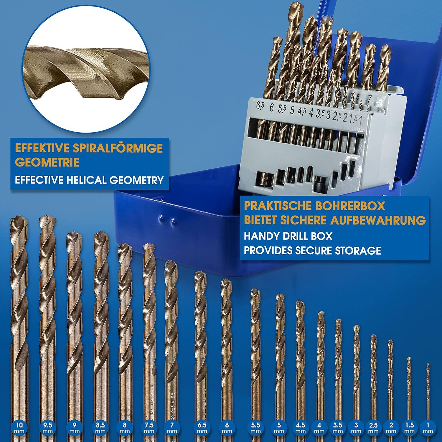 S&R Metallbohrer in Industrie-Qualität, extra hohe Standzeit, HSS COBALT Kobaltlegiert, (Set, 19-tlg: 1,0-10 mm Durchmesser), C-Schliff nach DIN 1412 135°, geschliffen, Edelstahl Spiralbohrer